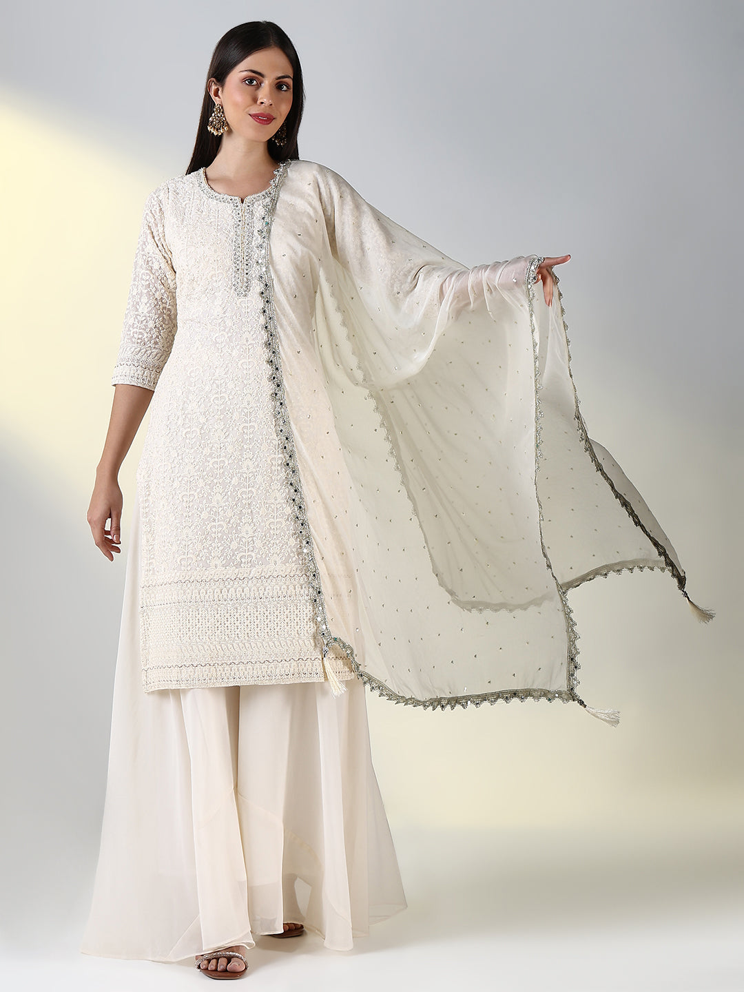 Women's Cream Solid Straight Kurta Set with Dupatta