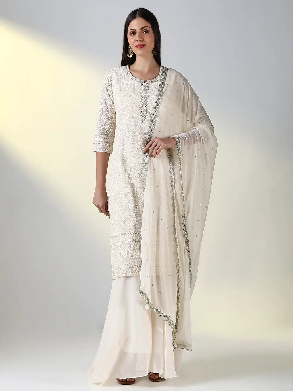 Women's Cream Solid Straight Kurta Set with Dupatta