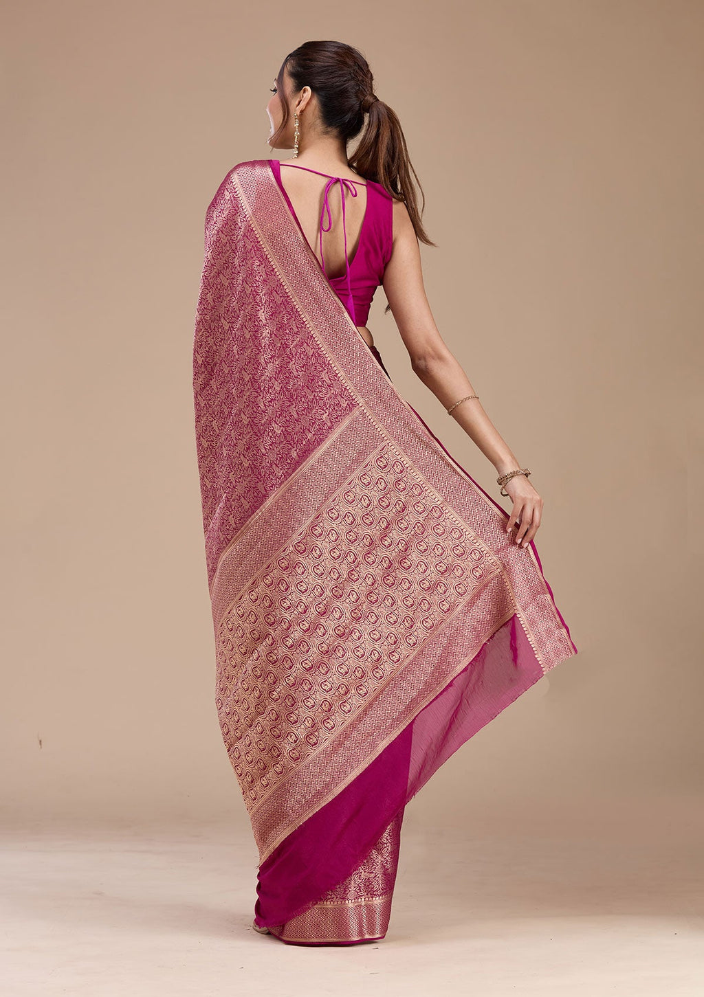 Magenta Pink Zariwork (Gold) Georgette Silk Saree