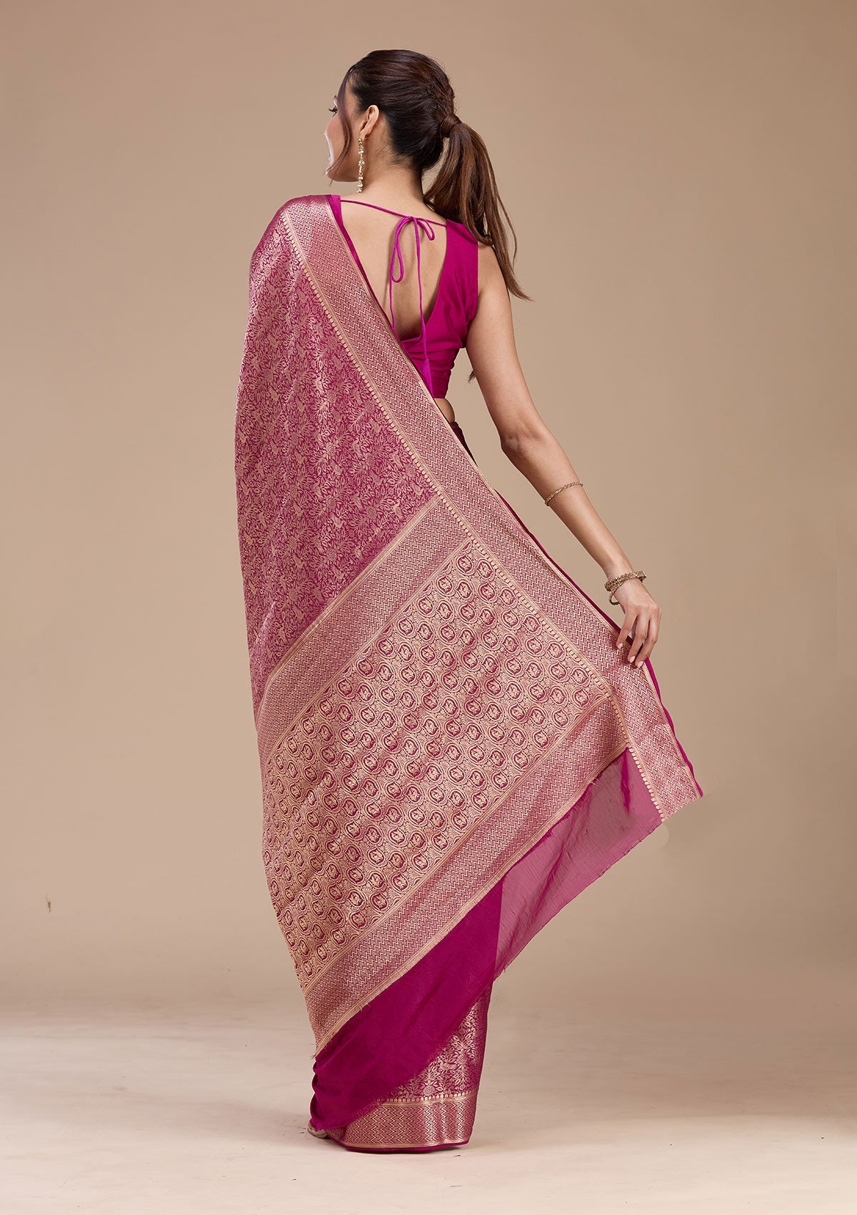 Magenta Pink Zariwork (Gold) Georgette Silk Saree