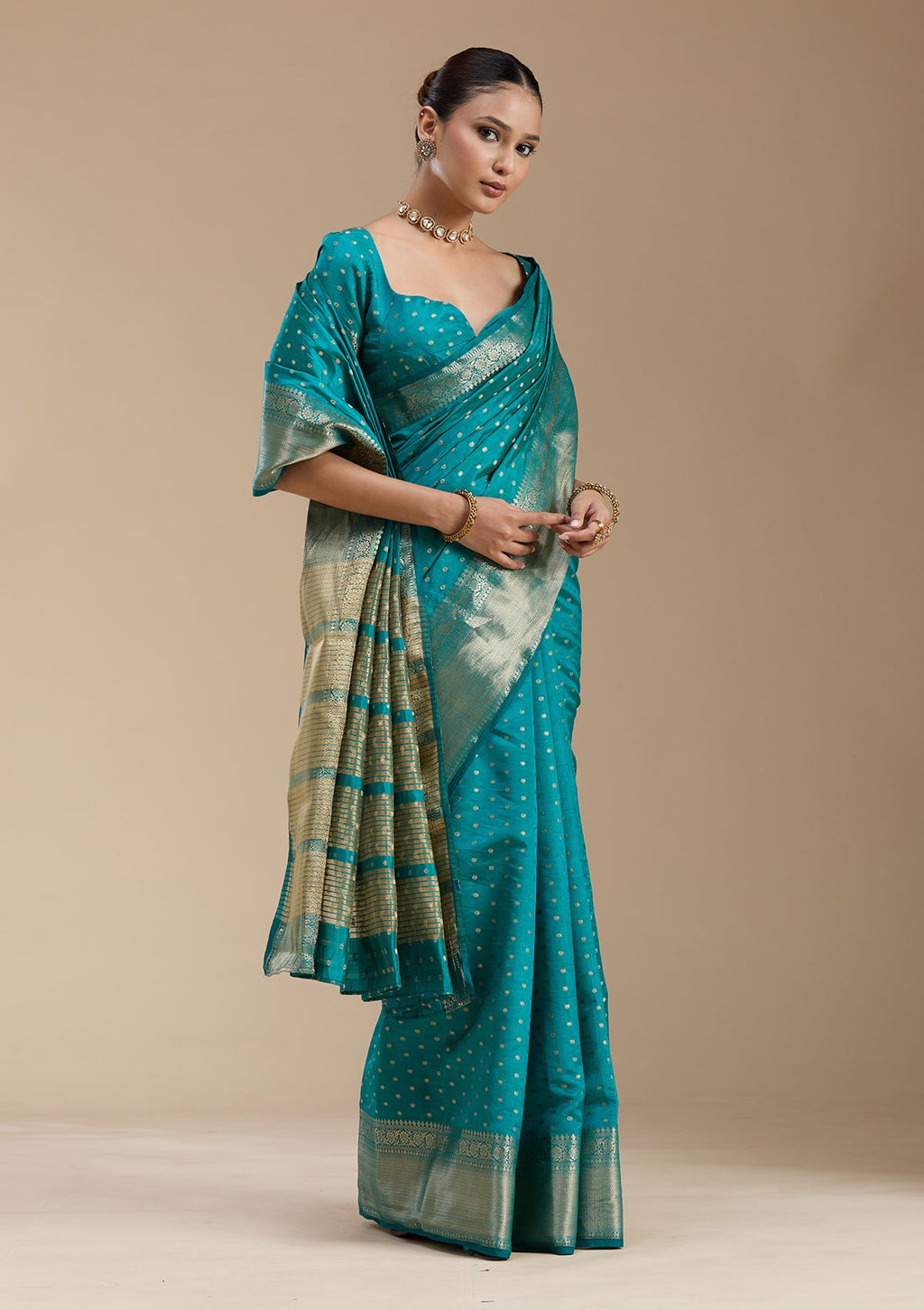 Turquoise Blue Zariwork (Gold) Tussar Silk_Saree