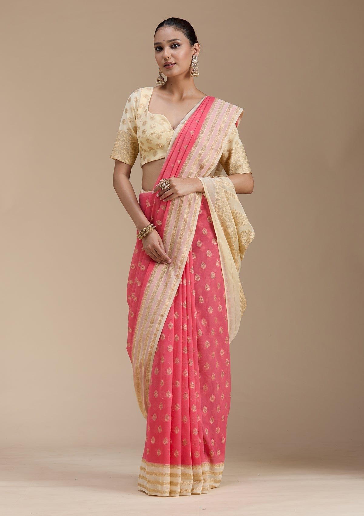 Peach Zariwork (Gold) Georgette Silk_Saree