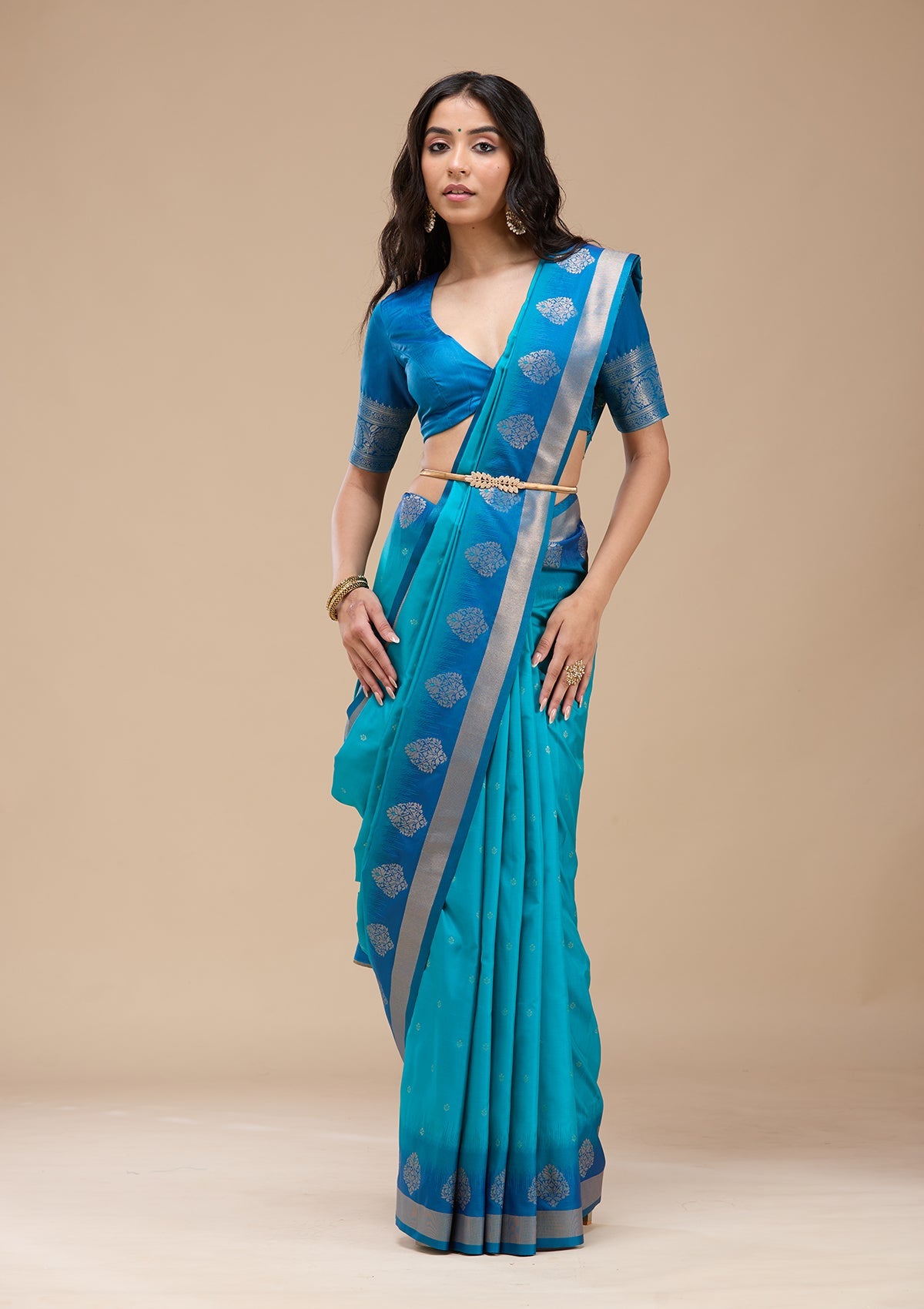 Turquoise Blue Zariwork (Gold) Silk Saree