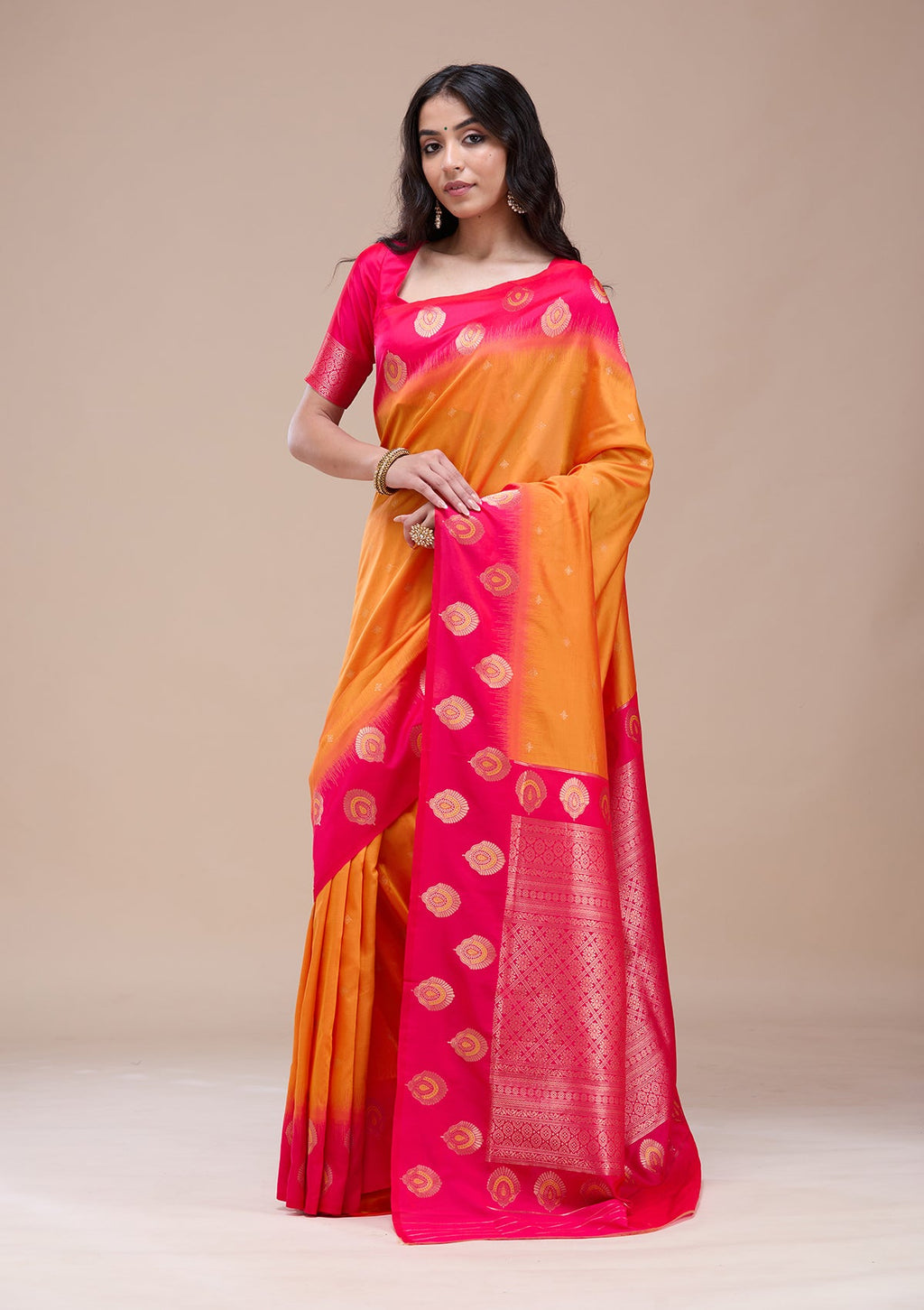 Orange Zariwork (Gold) Silk Saree
