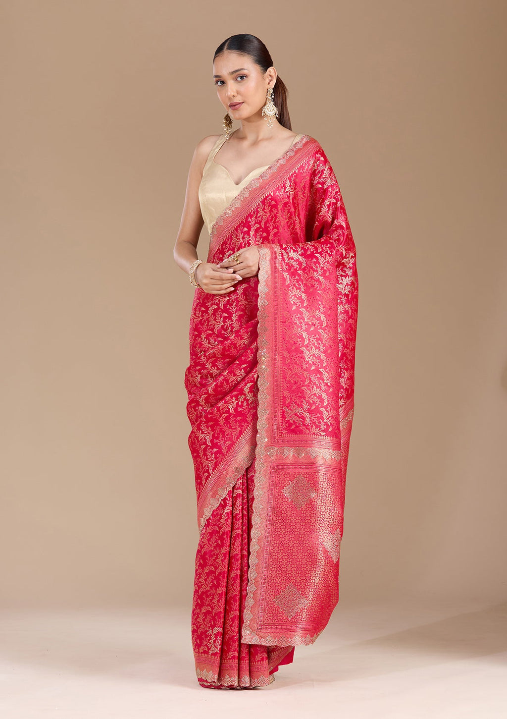 Red Stonework (Gold) Silk Saree