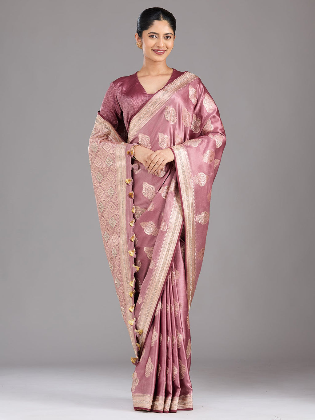 Mauve Stonework (Gold) Silk Saree