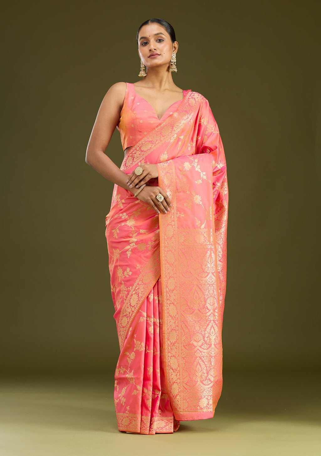 Peach Zariwork (Gold) Silk Saree