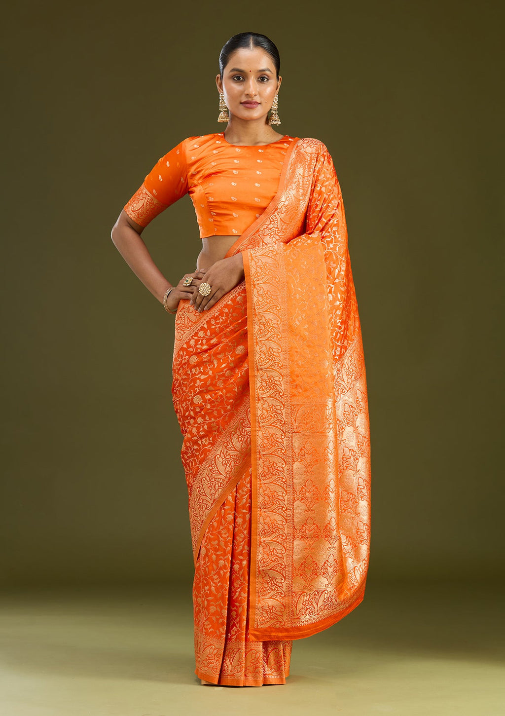 Orange Zariwork (Gold) Art Silk Saree