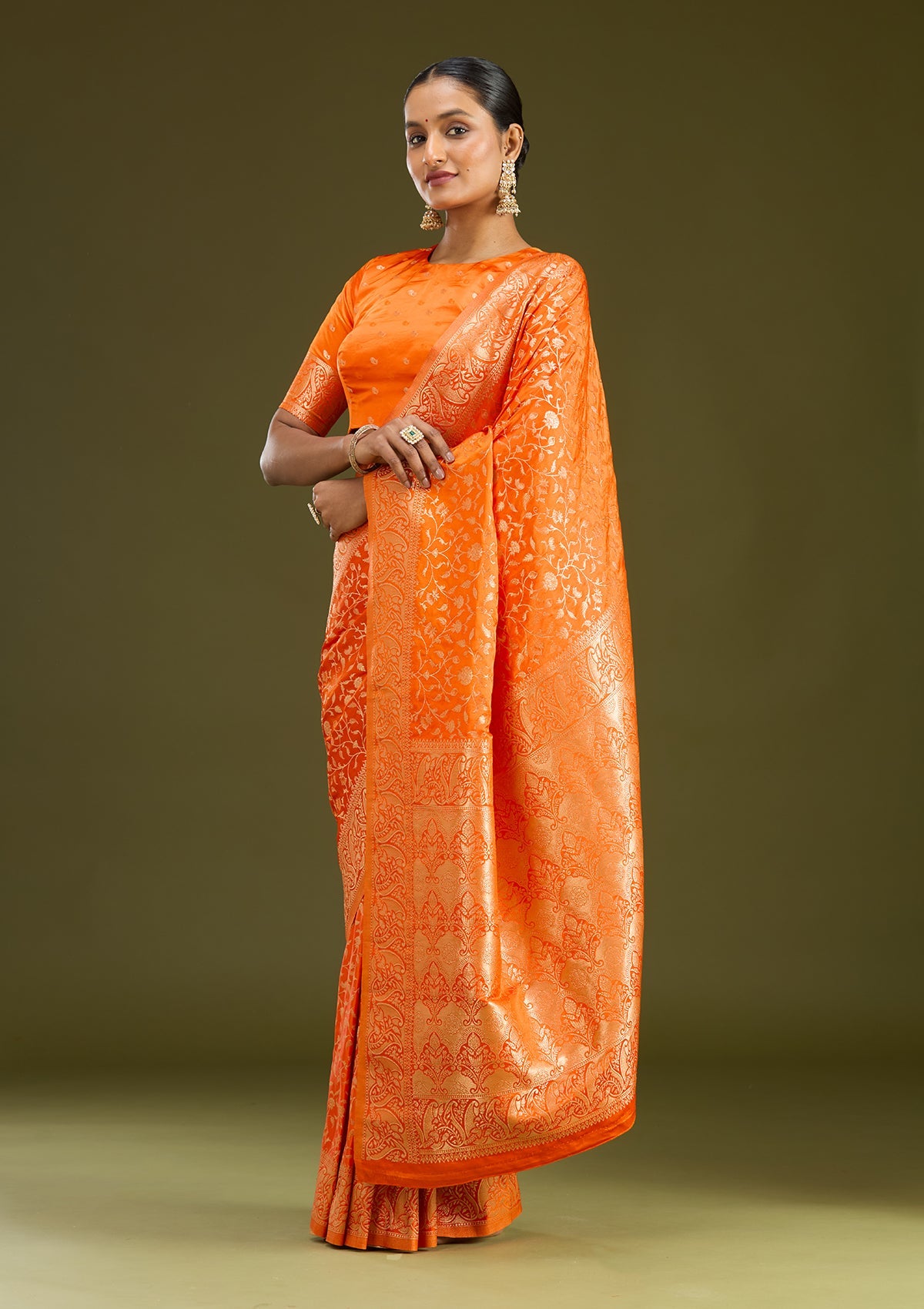 Orange Zariwork (Gold) Art Silk Saree