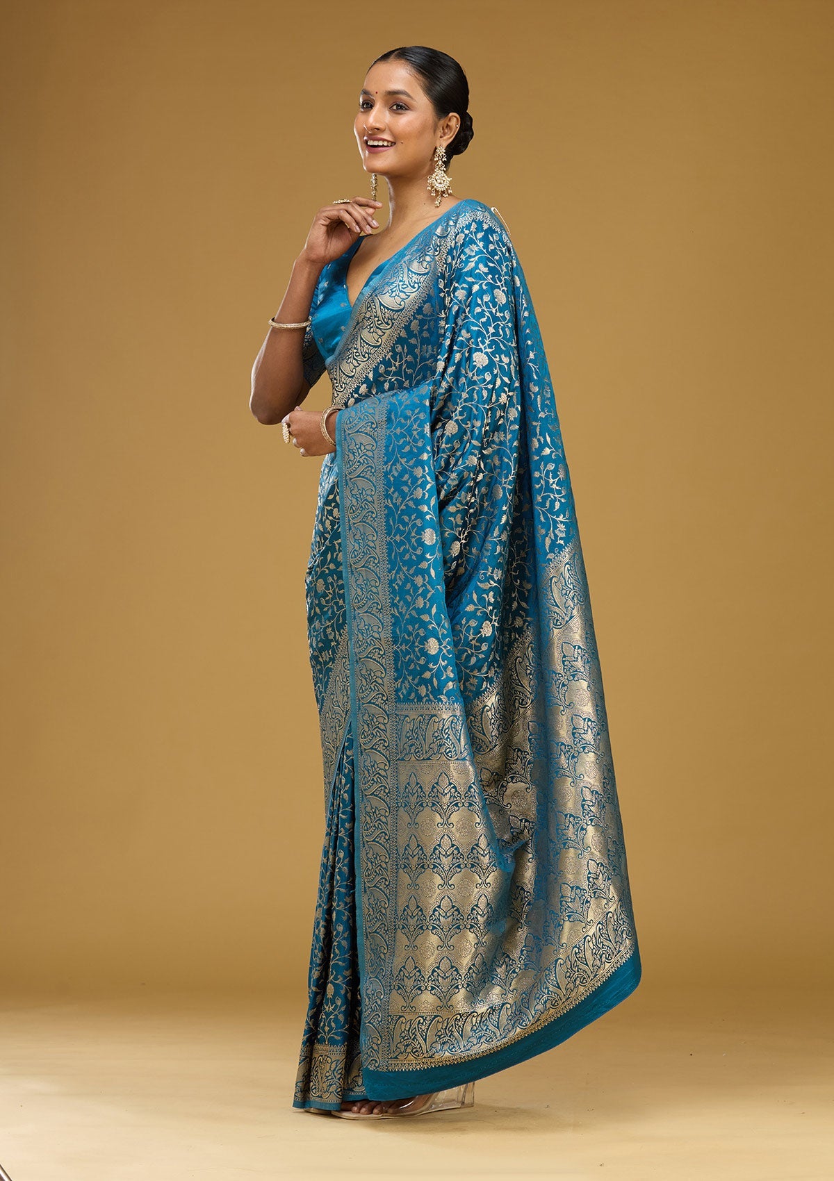 Turquoise Blue Zariwork (Gold) Art Silk Saree