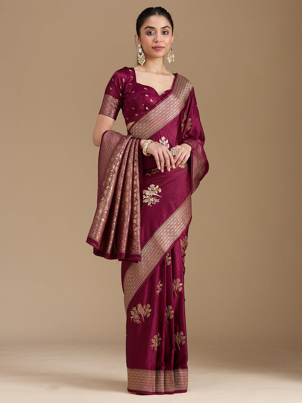 Wine Zariwork Satin Silk Saree
