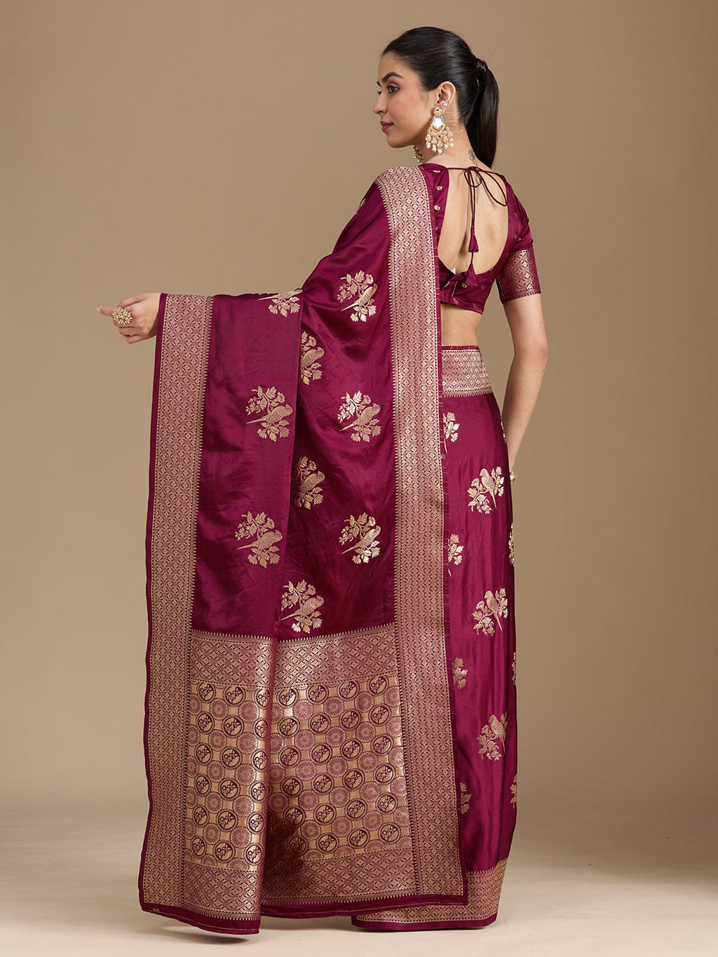 Wine Zariwork Satin Silk Saree