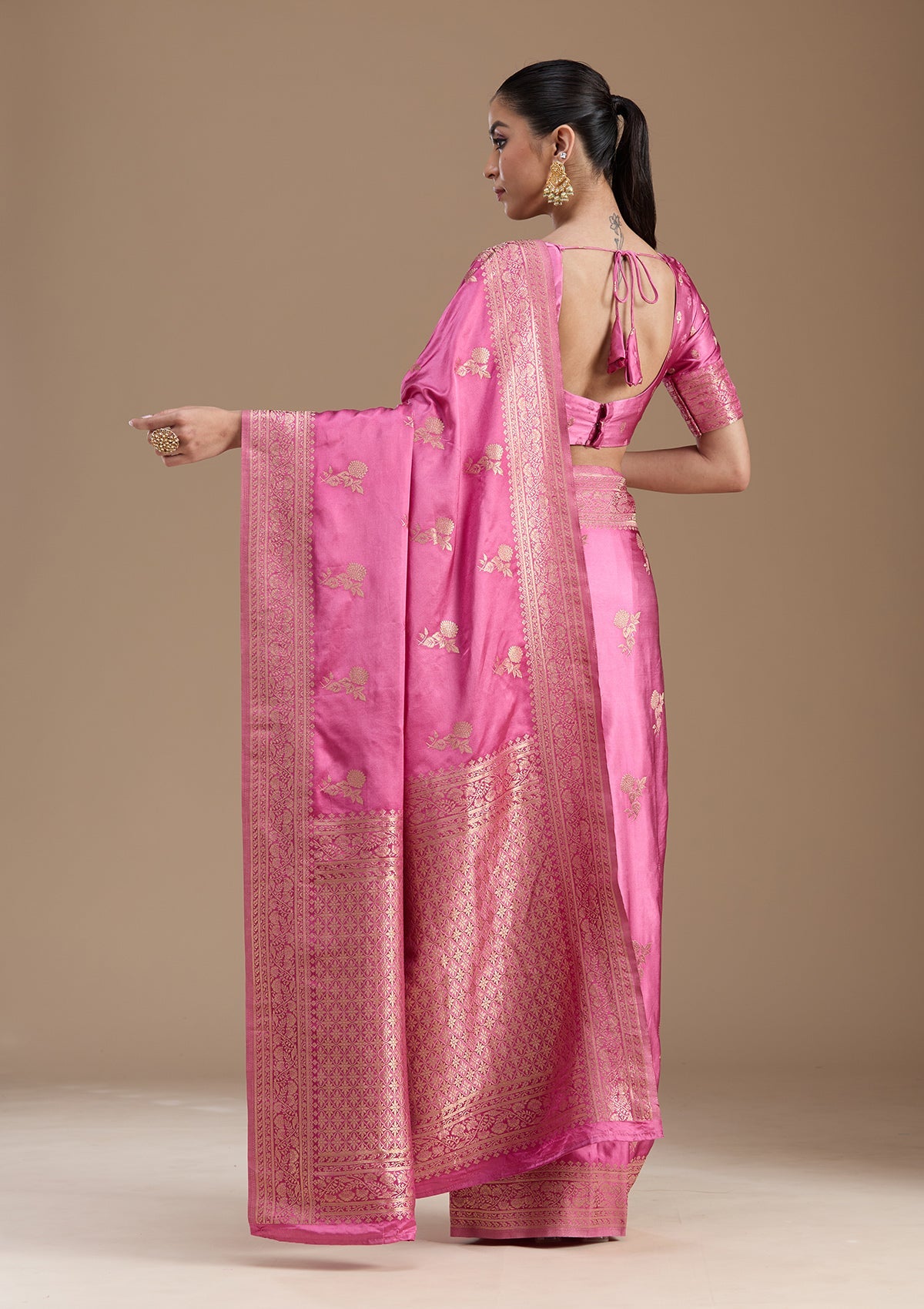 Baby Pink Zariwork Satin Silk Saree