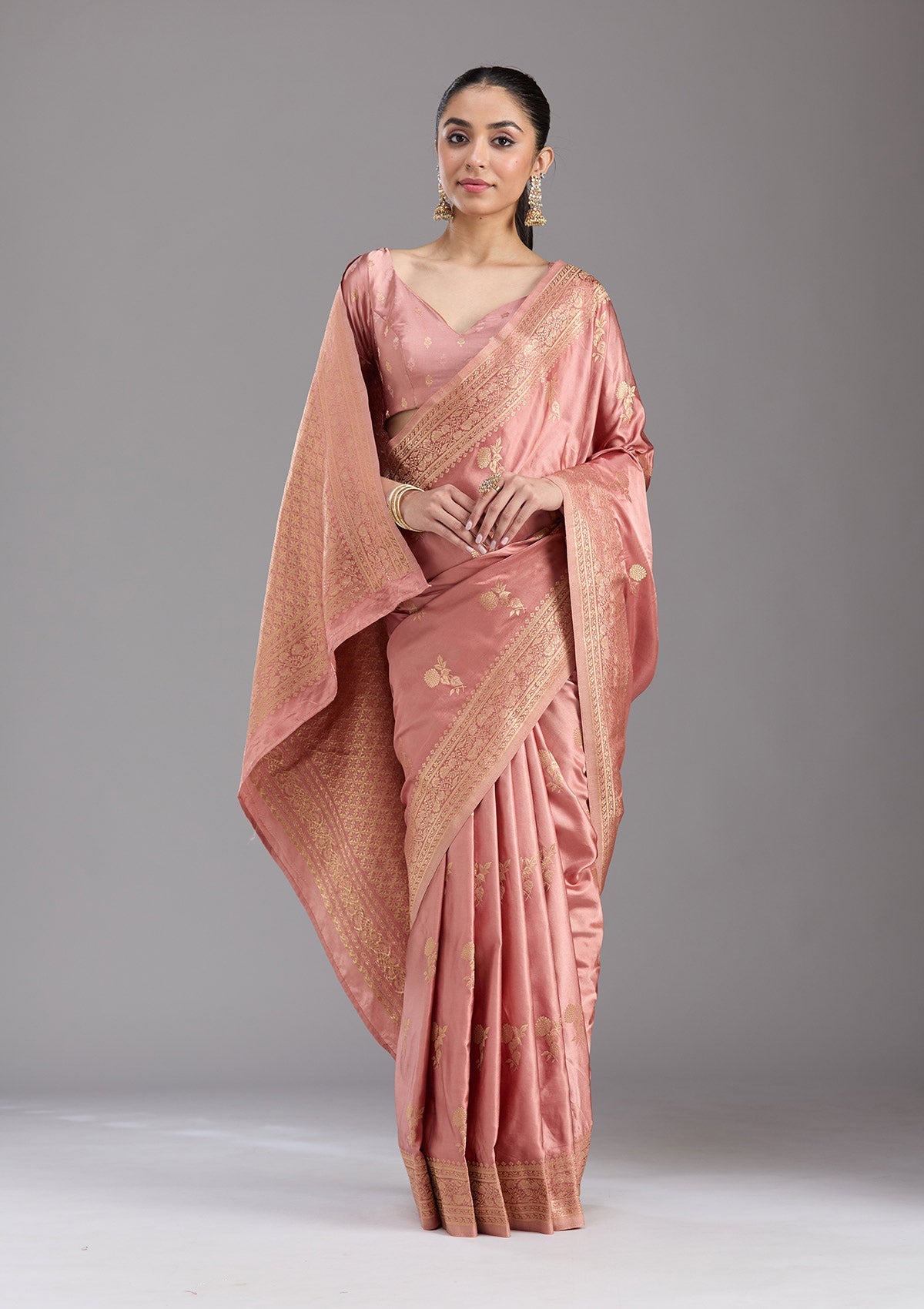Onion Pink Zariwork Satin Silk Saree