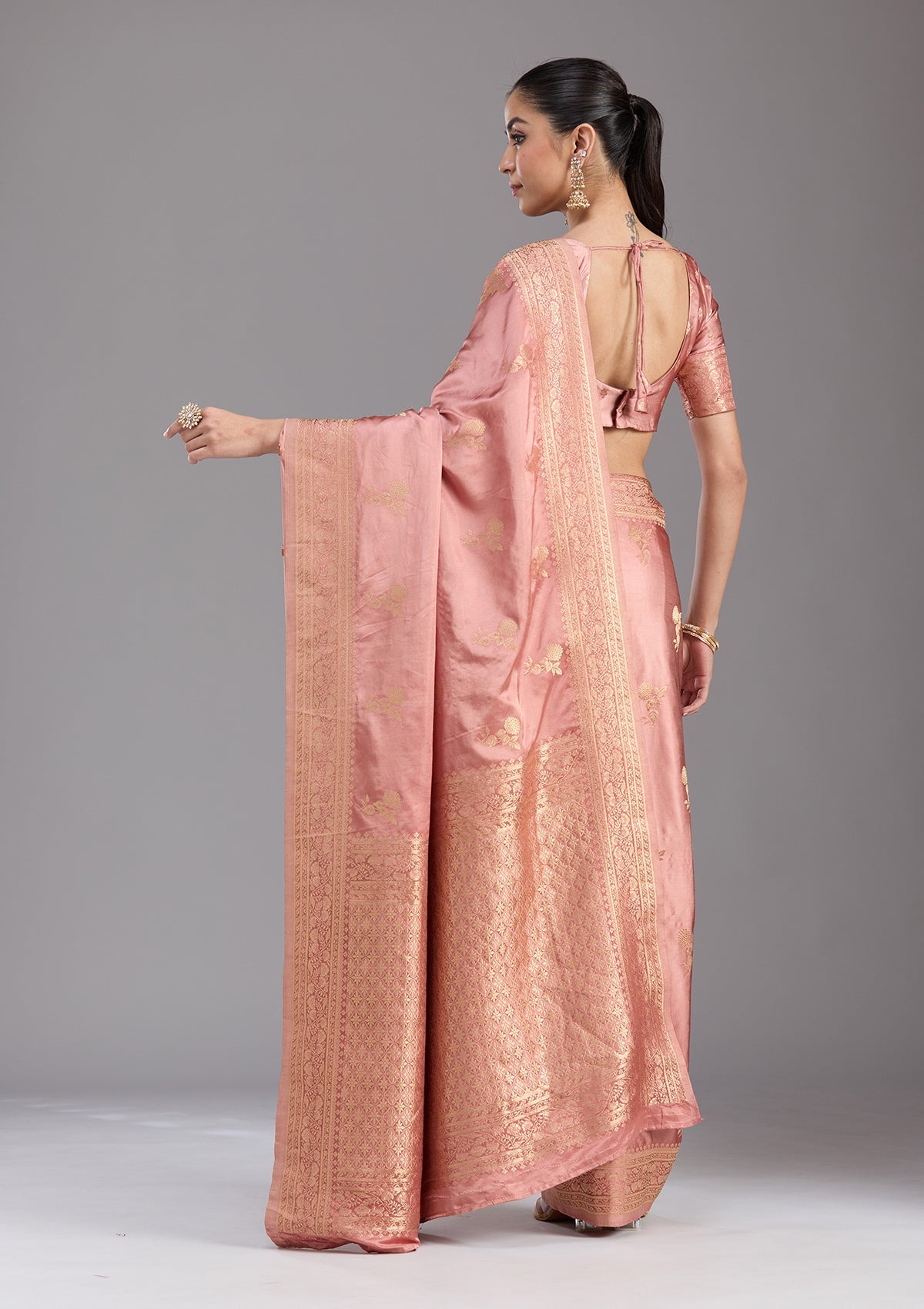 Onion Pink Zariwork Satin Silk Saree