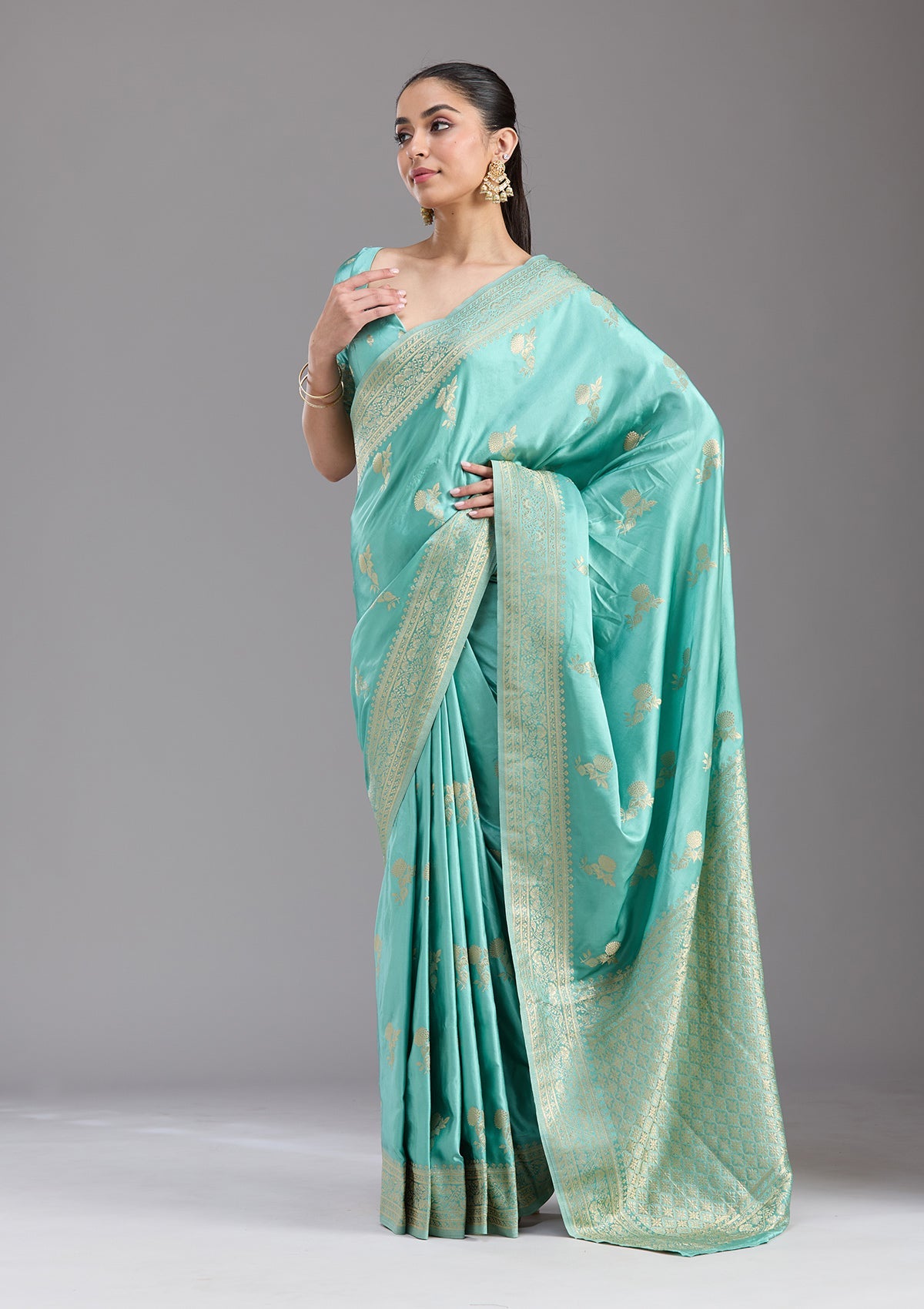 Sky Blue Zariwork Satin Silk Saree