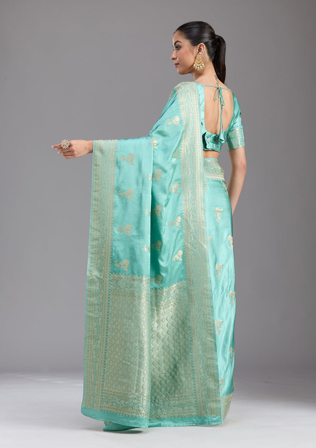 Sky Blue Zariwork Satin Silk Saree
