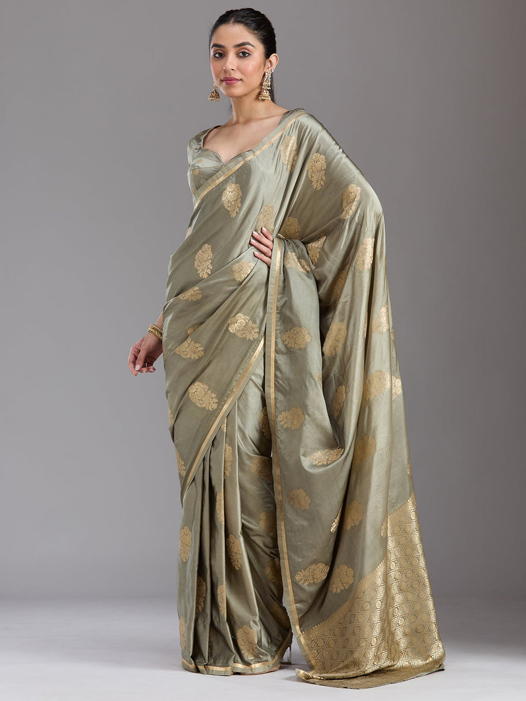 Grey Zariwork Satin Silk Saree