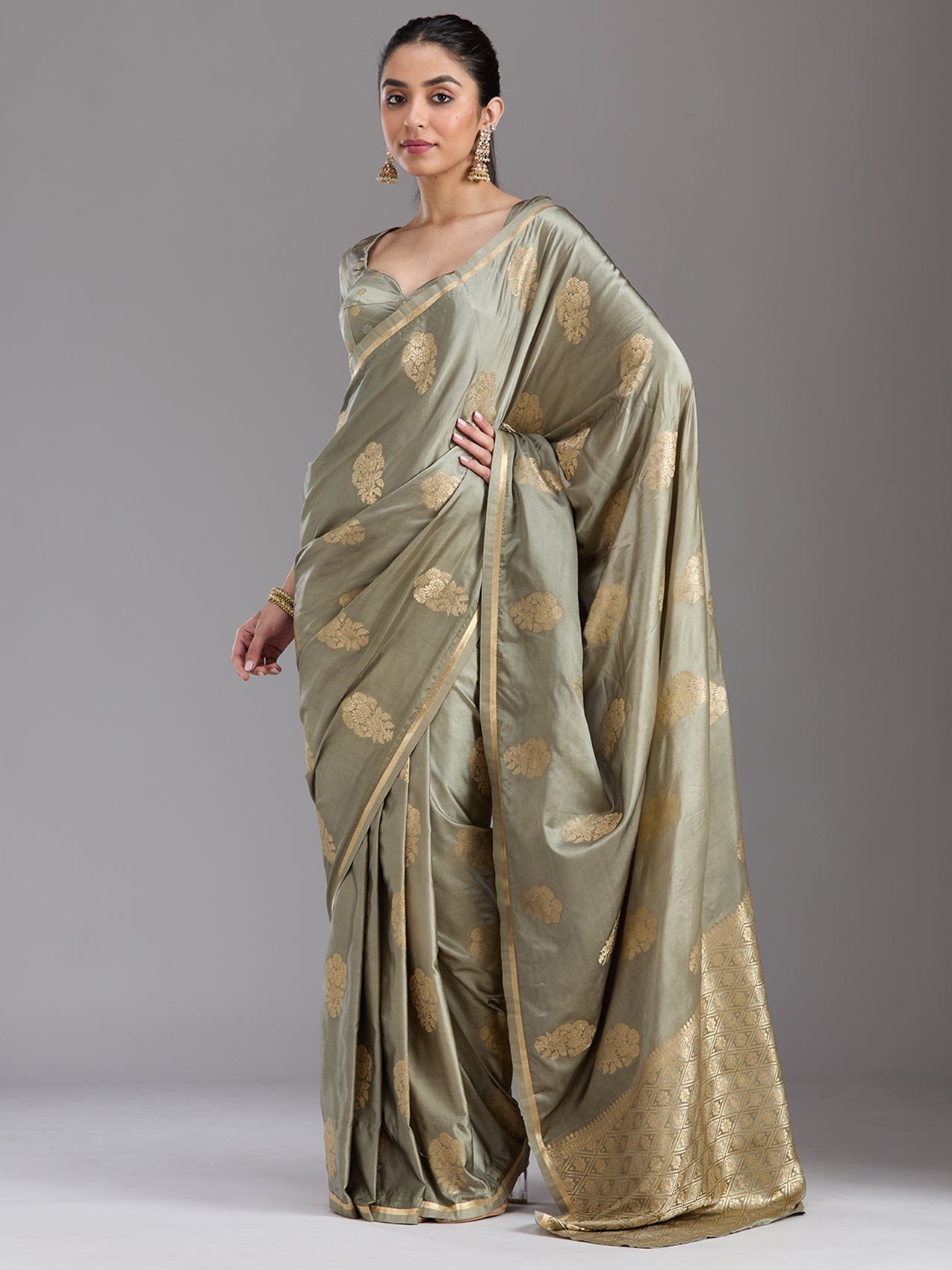 Grey Zariwork Satin Silk Saree