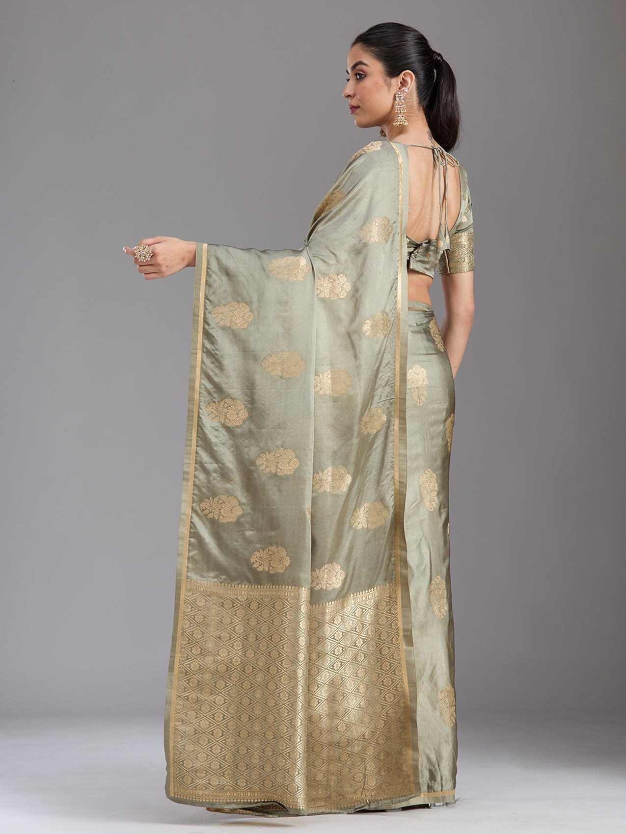 Grey Zariwork Satin Silk Saree