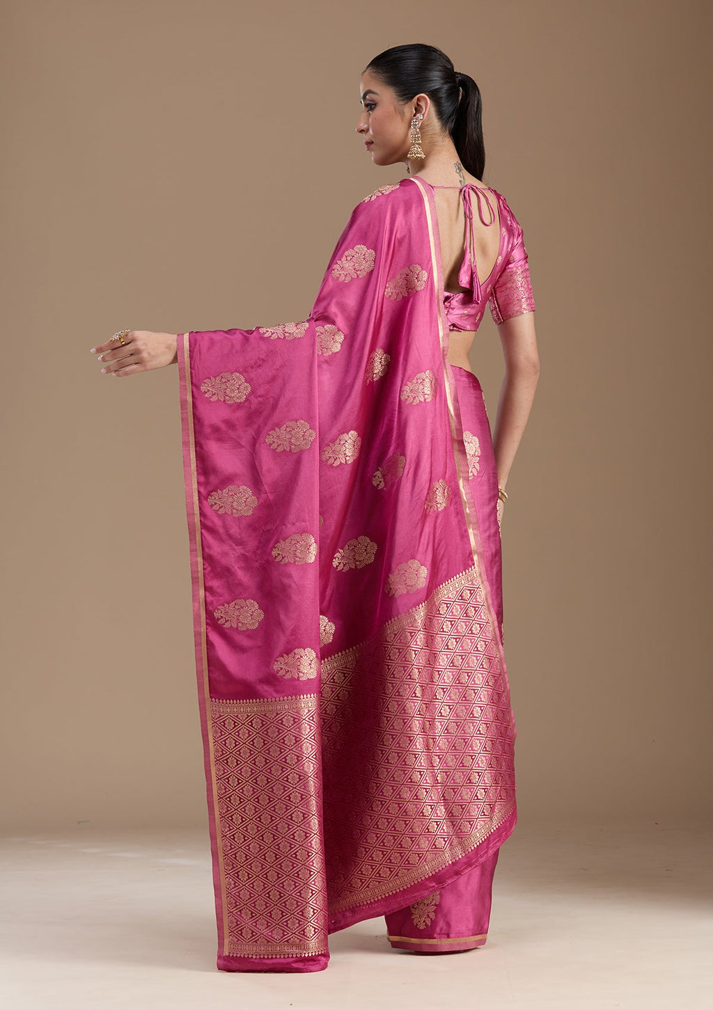 Onion Pink Zariwork Satin Silk Saree