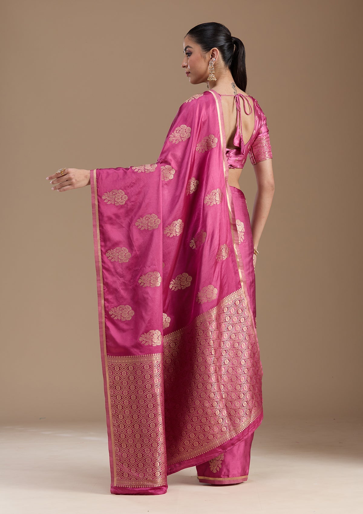 Onion Pink Zariwork Satin Silk Saree