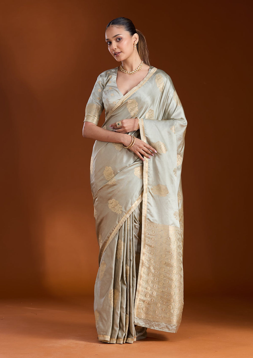 Pista Green Zariwork Satin Silk Saree