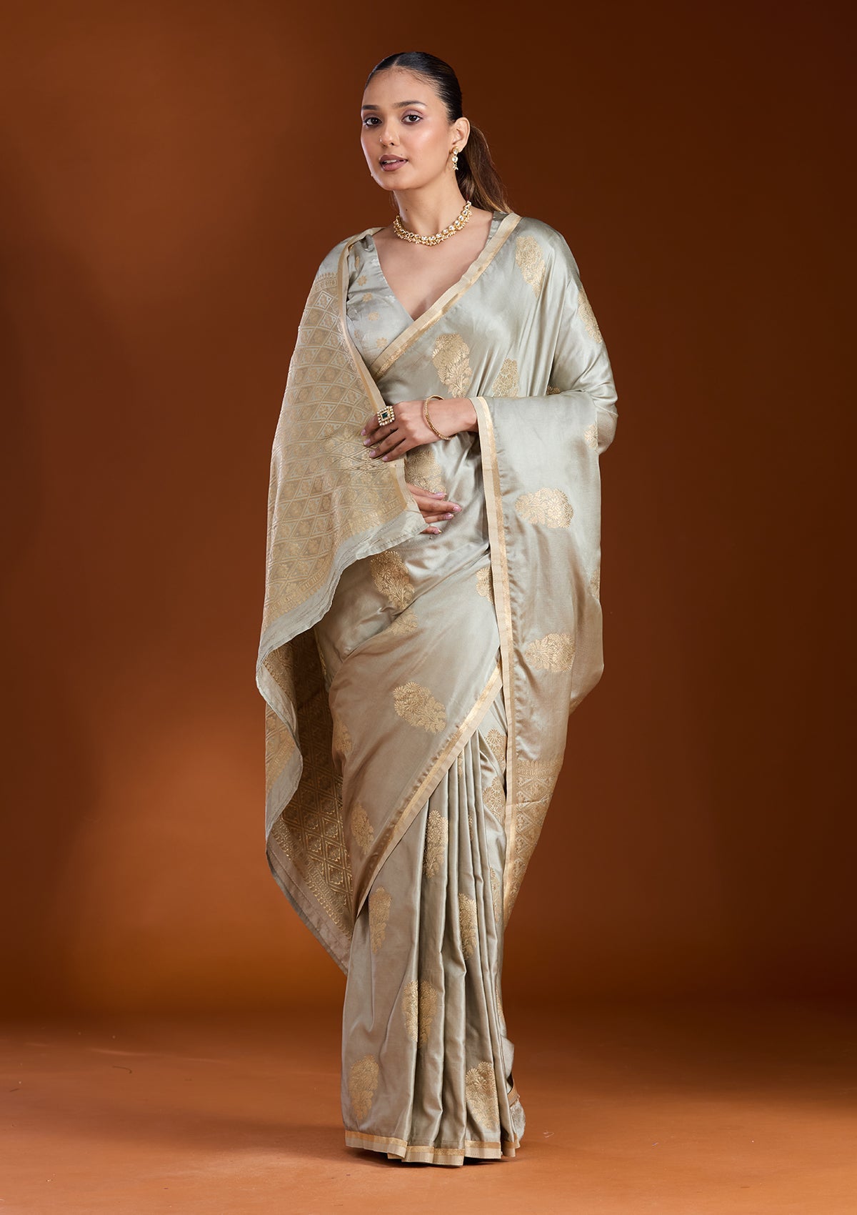 Pista Green Zariwork Satin Silk Saree