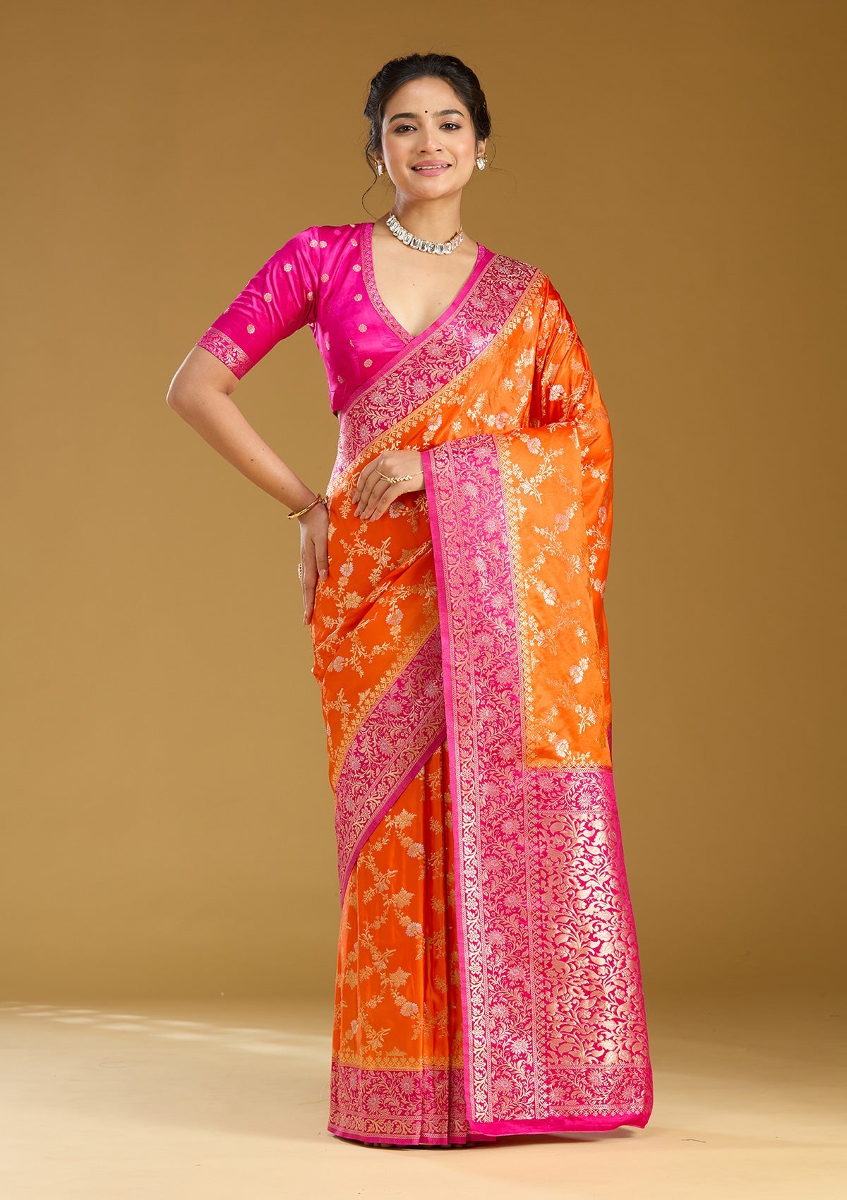 Orange Zariwork (Gold) Art Silk Saree