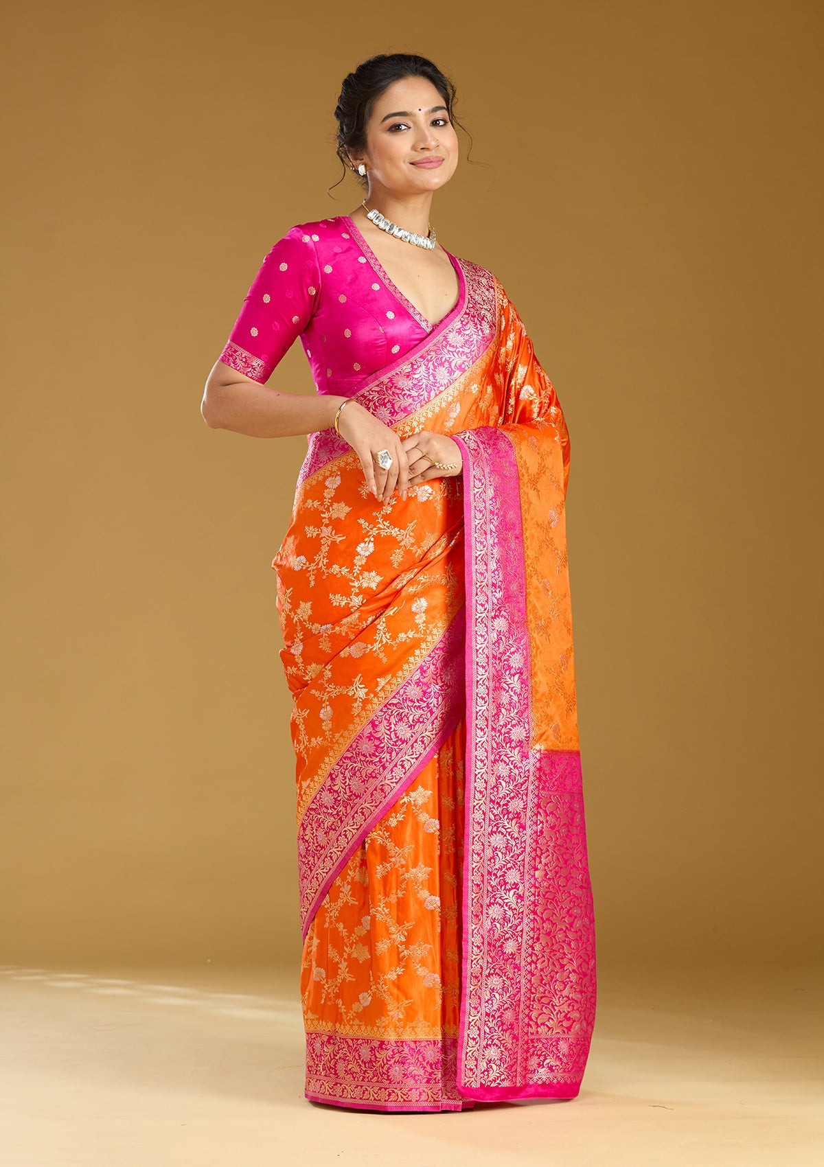 Orange Zariwork (Gold) Art Silk Saree