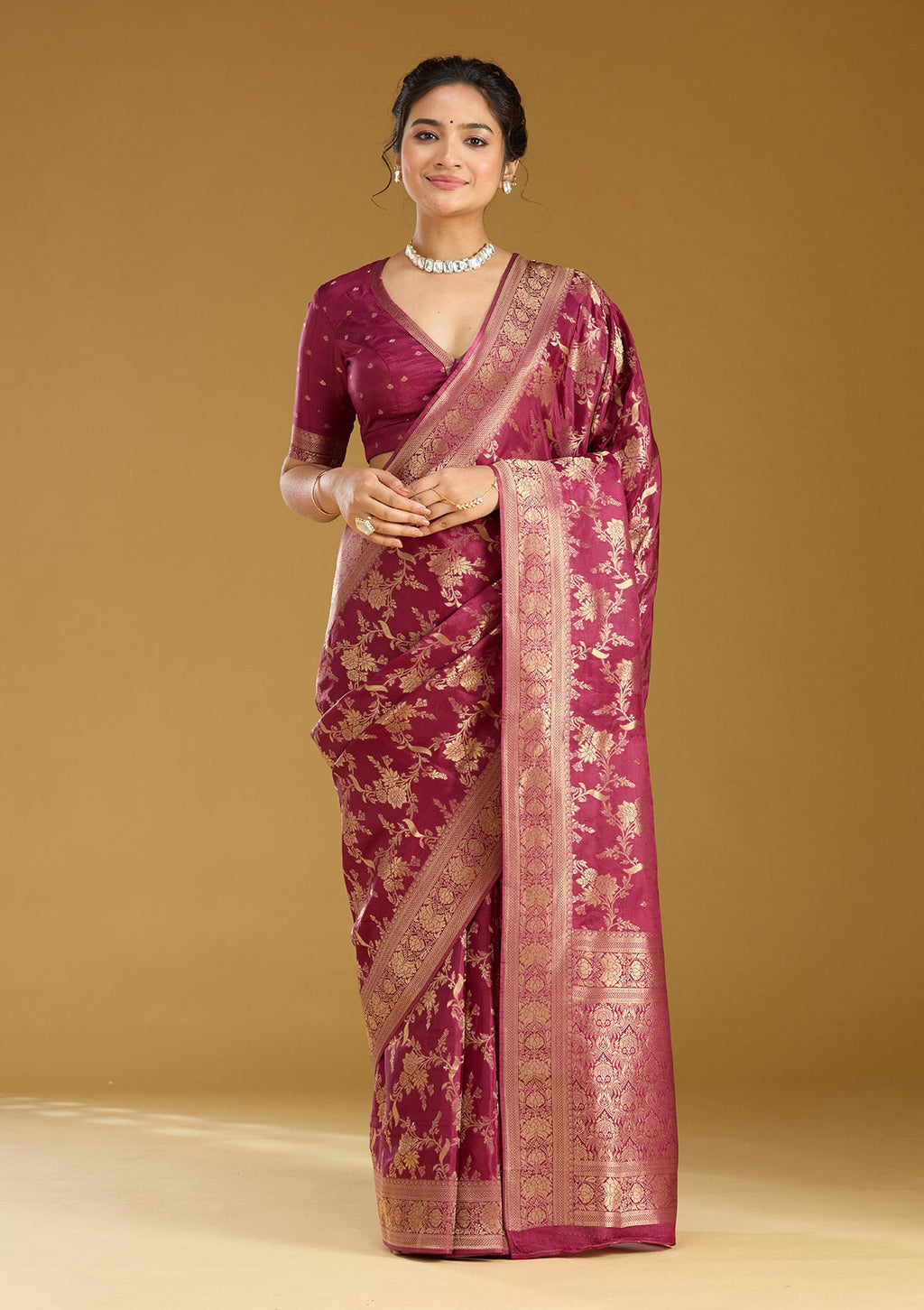 Wine Zariwork (Gold) Art Silk Saree