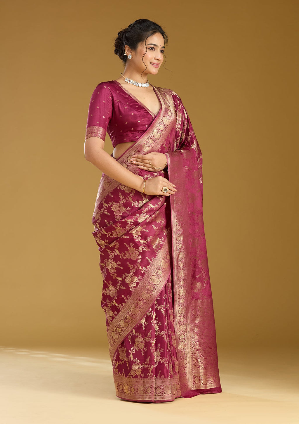 Wine Zariwork (Gold) Art Silk Saree