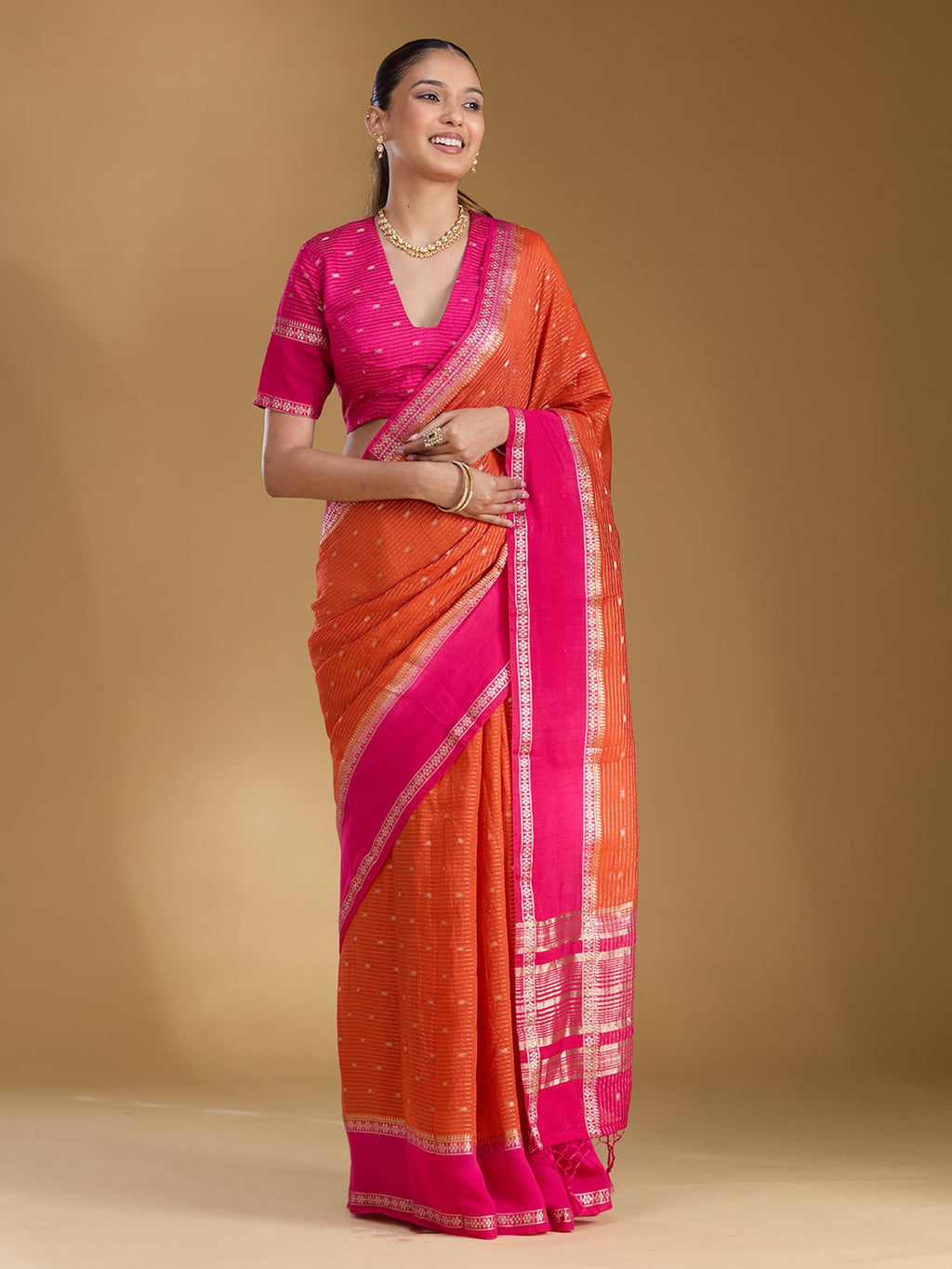 Orange Zariwork (Gold) Cotton Silk Saree