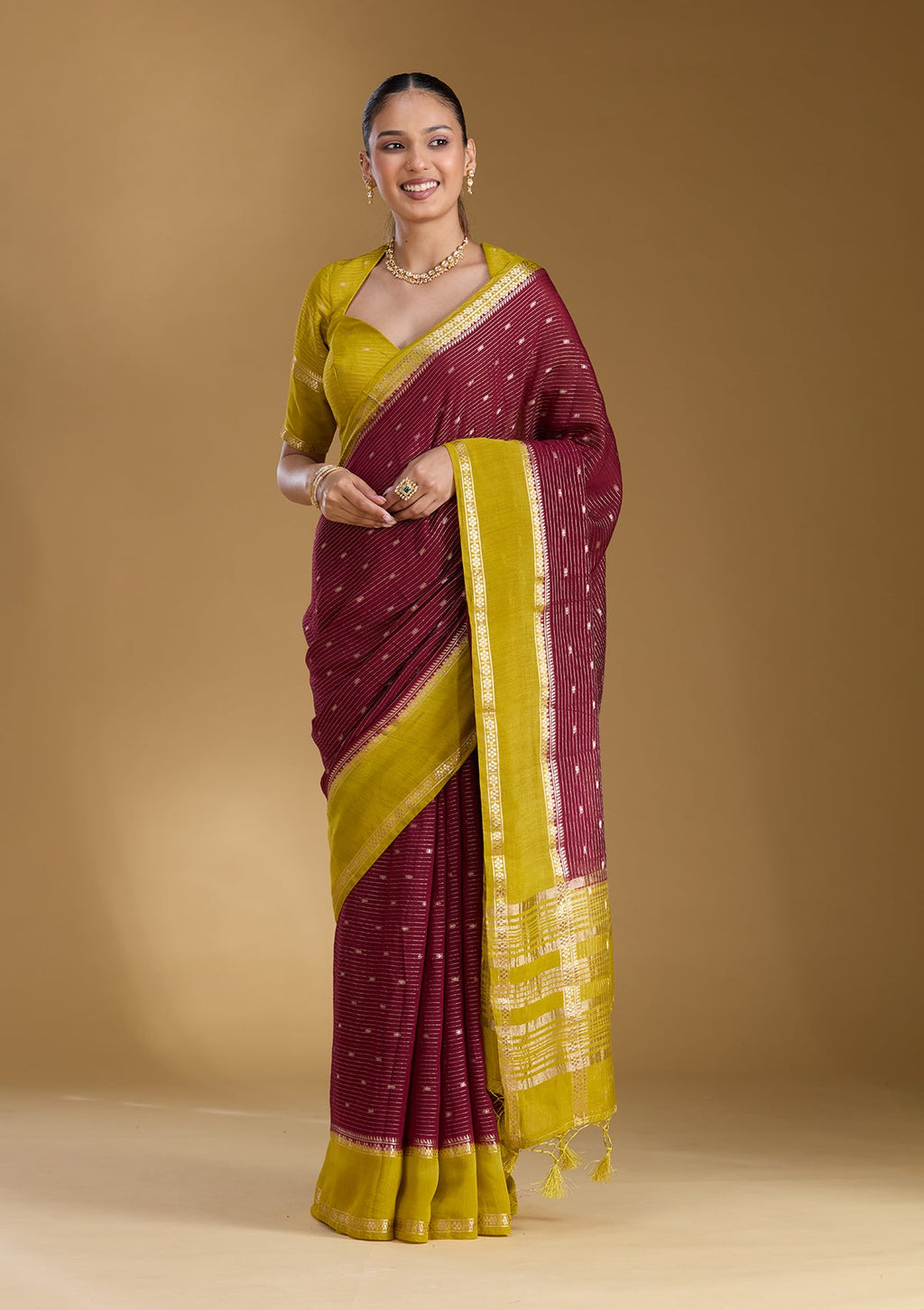 Wine Zariwork (Gold) Cotton Silk Saree