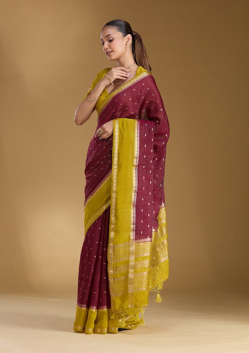 Wine Zariwork (Gold) Cotton Silk Saree