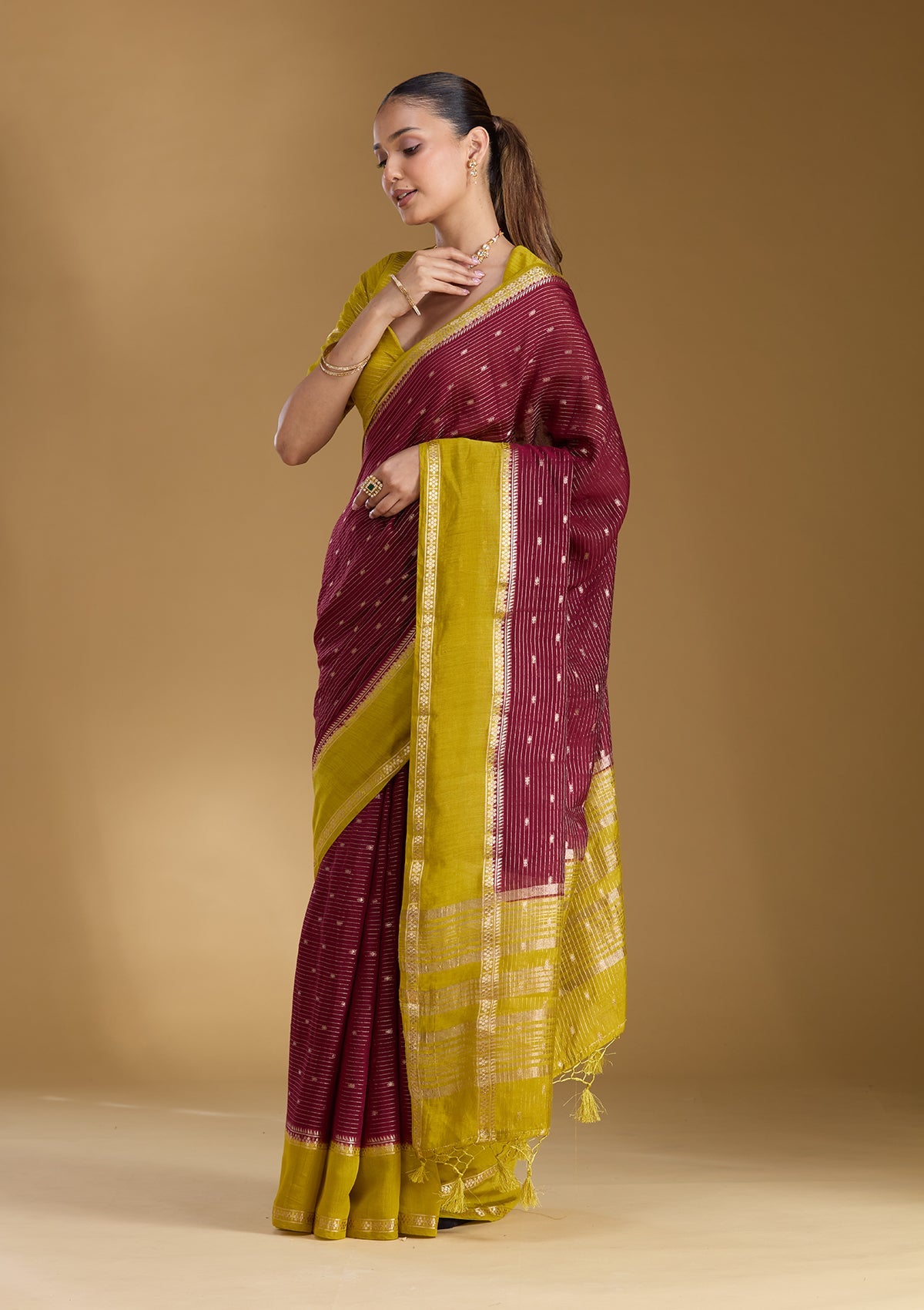 Wine Zariwork (Gold) Cotton Silk Saree