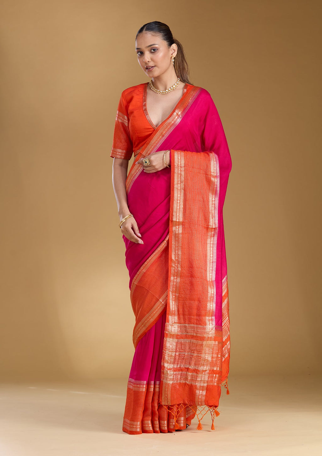 Rani Pink Zariwork (Gold) Cotton Silk Saree