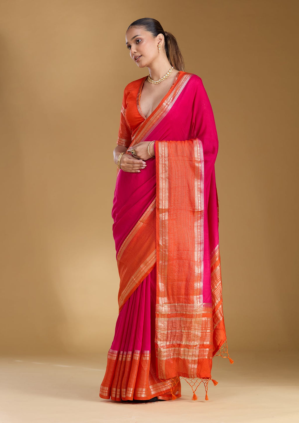 Rani Pink Zariwork (Gold) Cotton Silk Saree