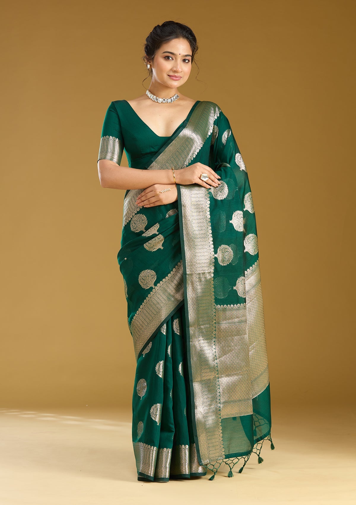 Bottle Green Zariwork (Gold) Cotton Silk Saree