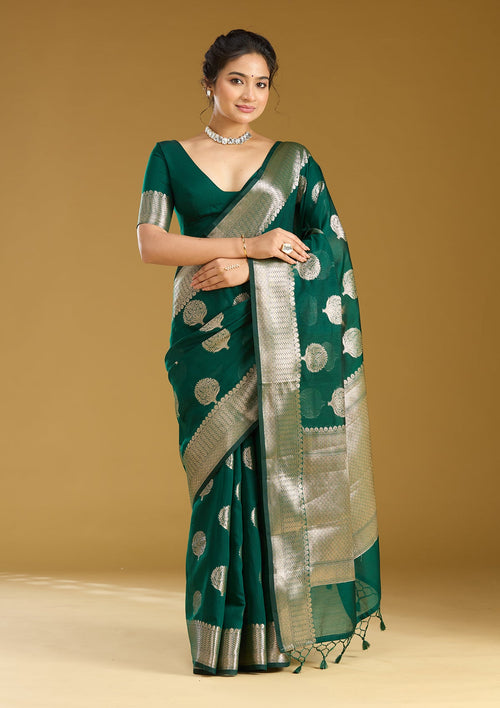 Bottle Green Zariwork (Gold) Cotton Silk Saree