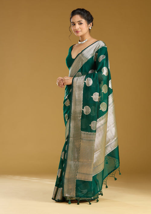 Bottle Green Zariwork (Gold) Cotton Silk Saree