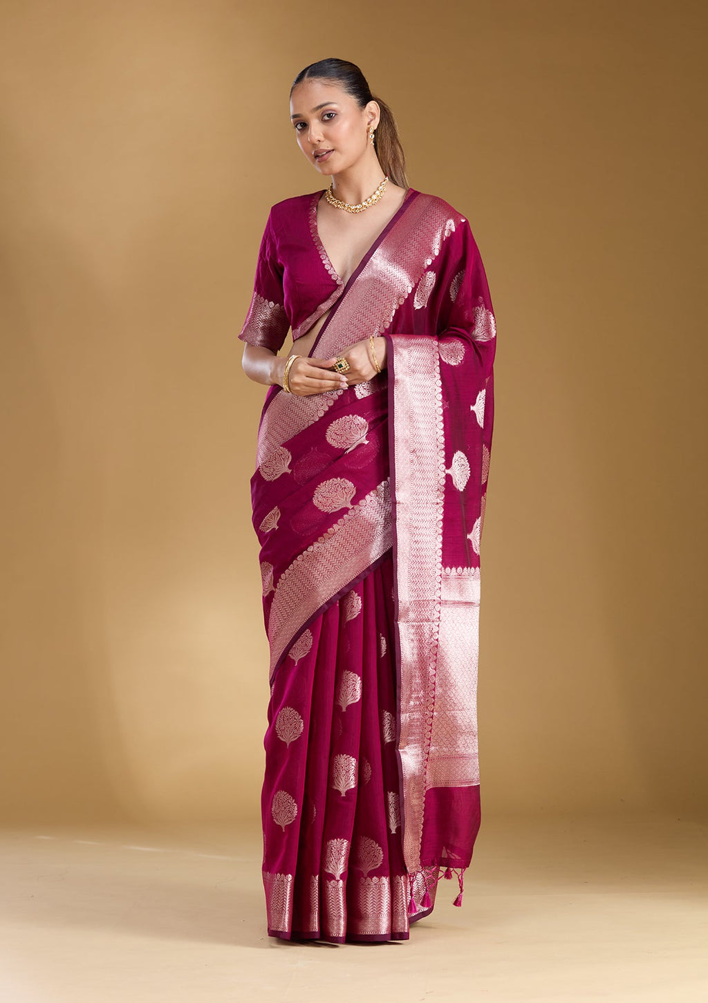 Magenta Pink Zariwork (Gold) Cotton Silk Saree