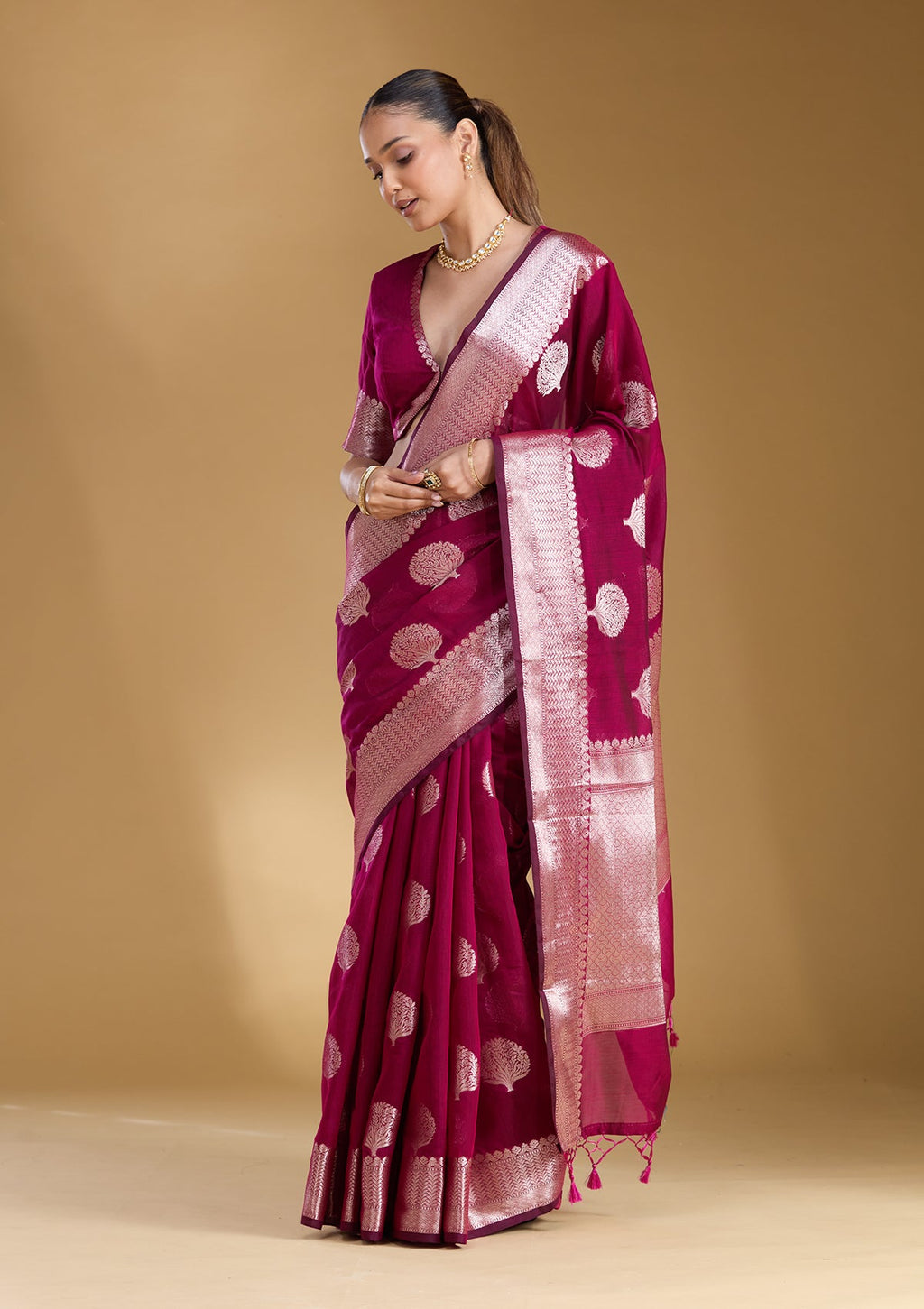 Magenta Pink Zariwork (Gold) Cotton Silk Saree
