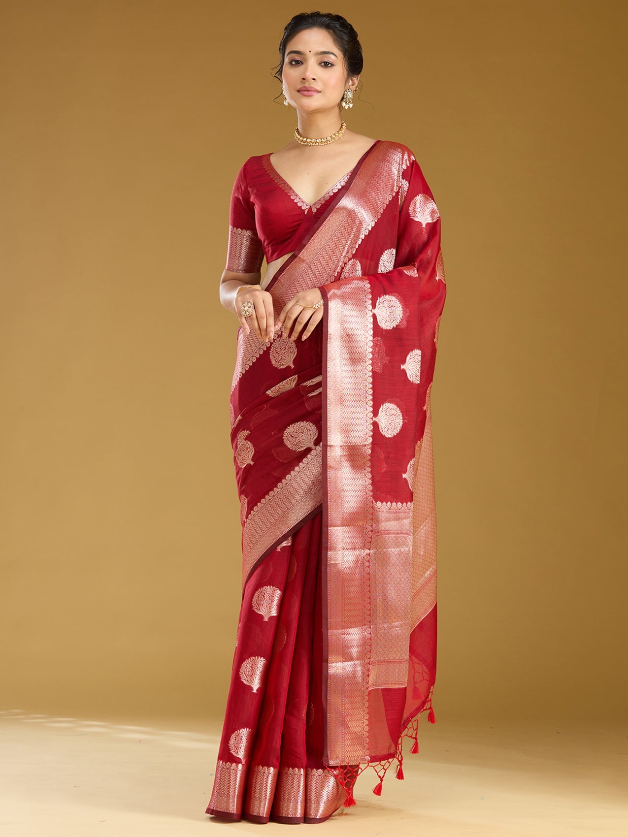 Red Zariwork (Gold) Cotton Silk Saree