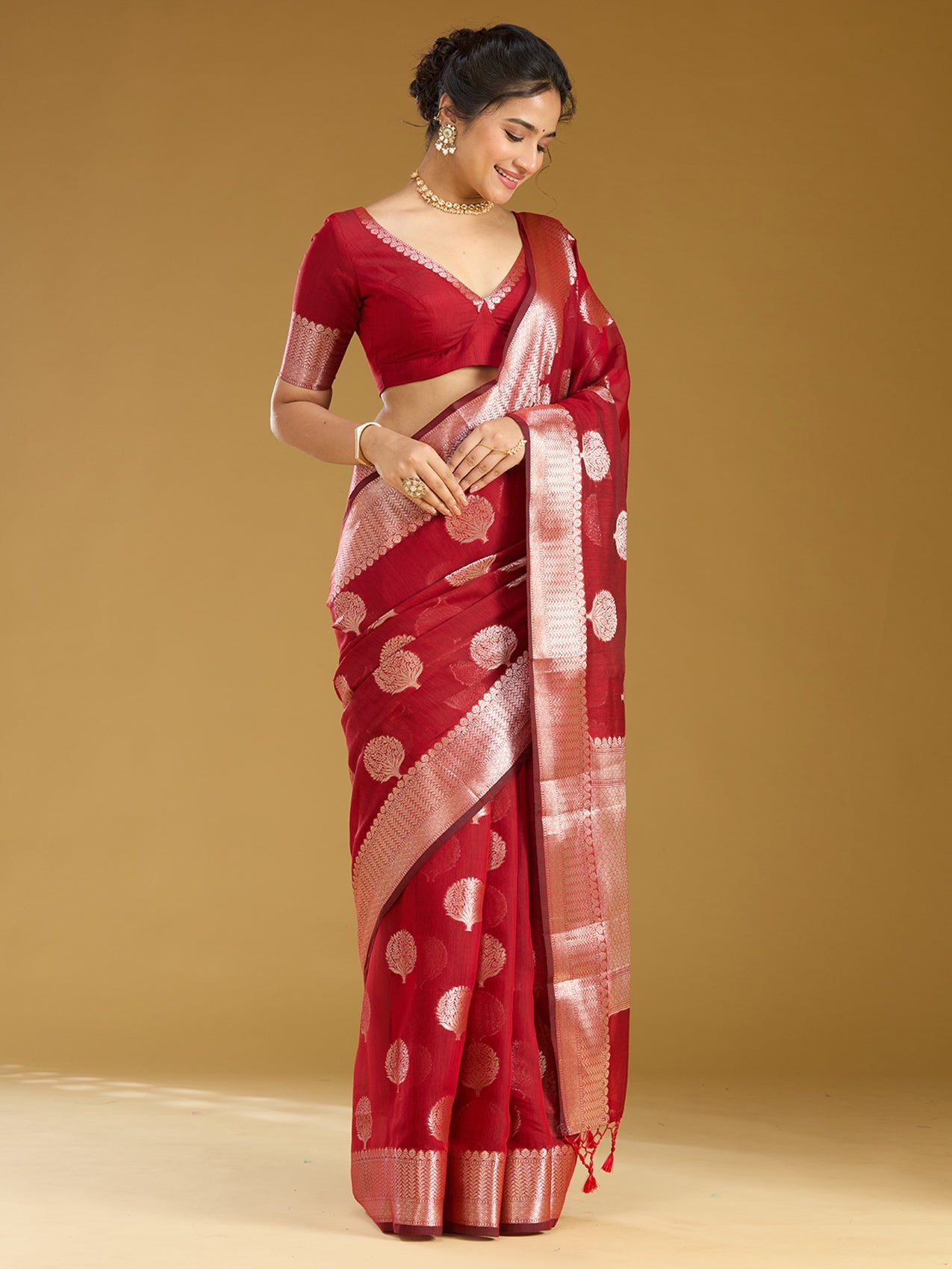 Red Zariwork (Gold) Cotton Silk Saree