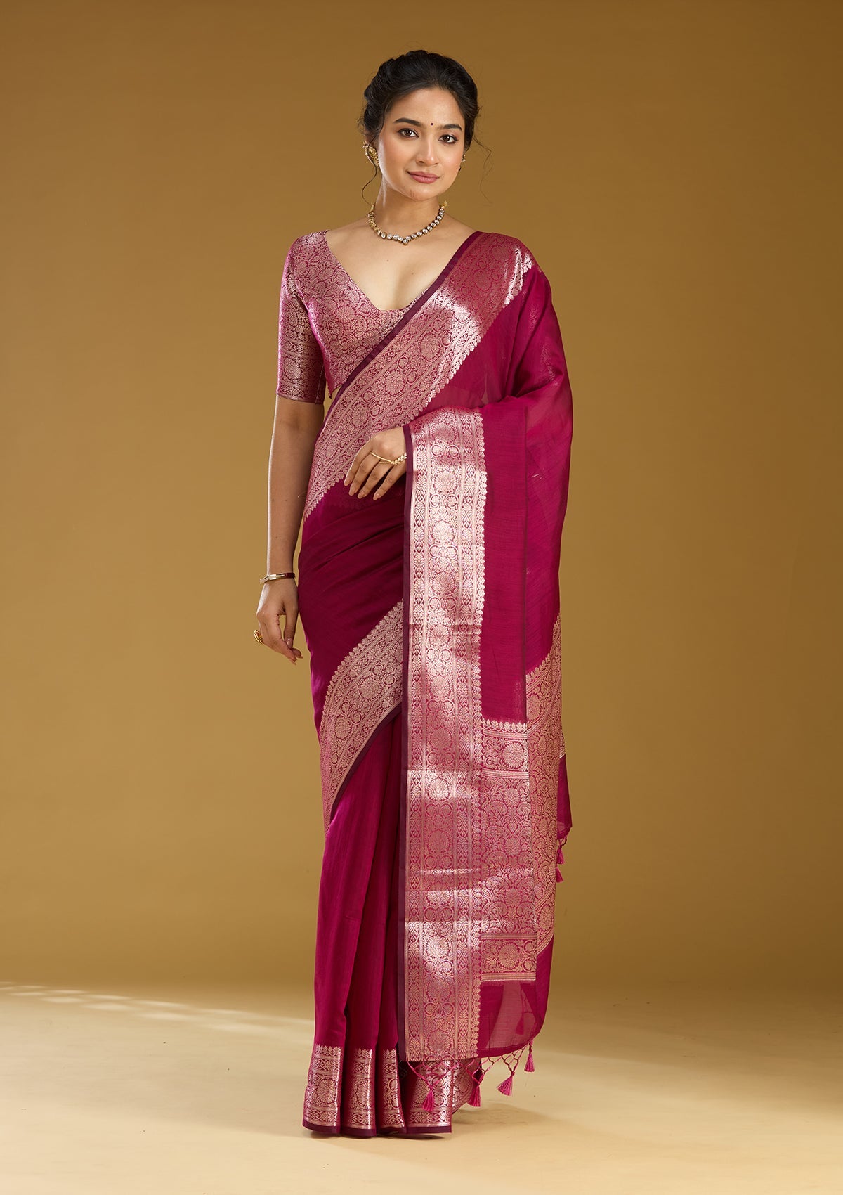 Magenta Pink Zariwork (Gold) Cotton Silk Saree