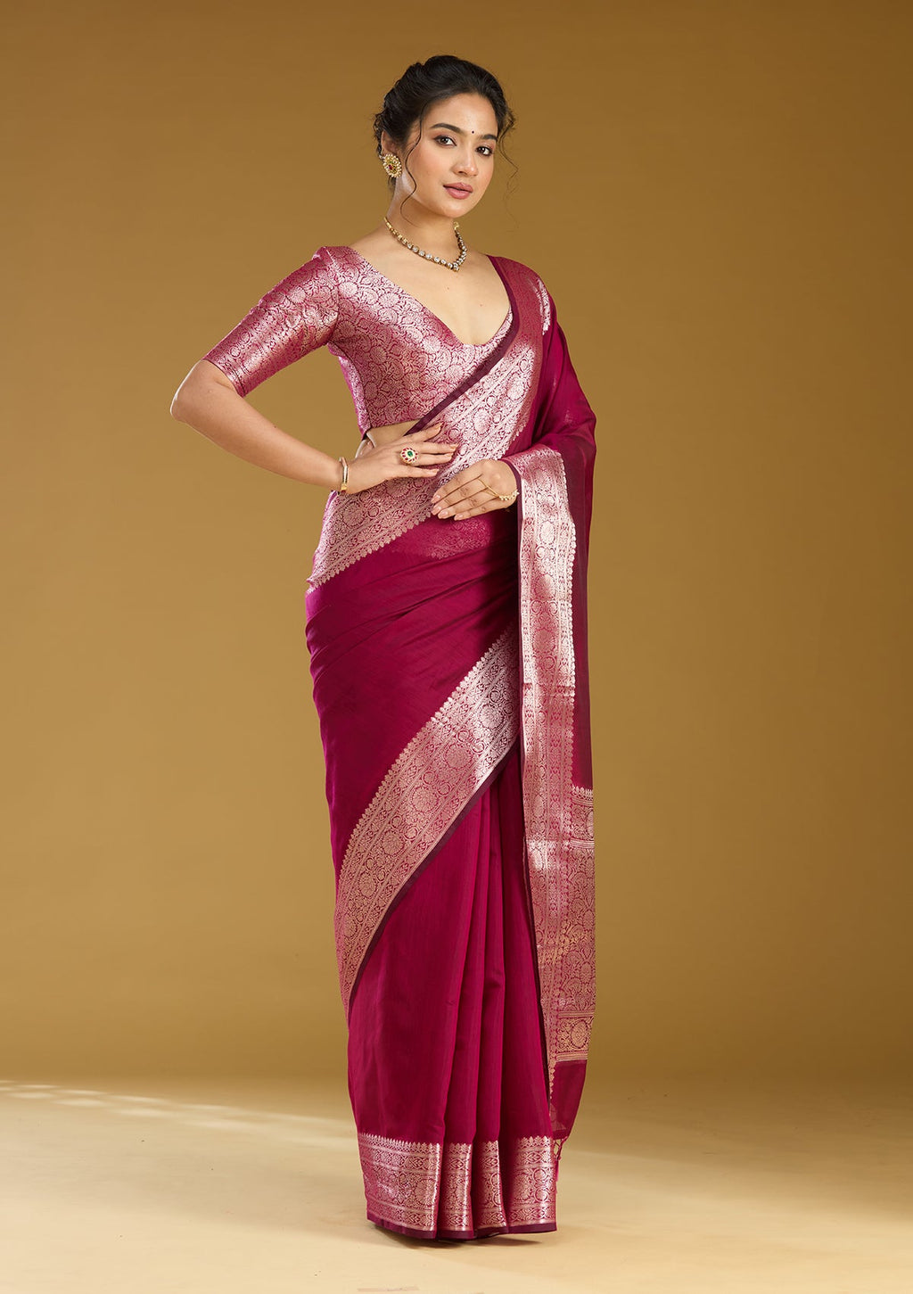 Magenta Pink Zariwork (Gold) Cotton Silk Saree
