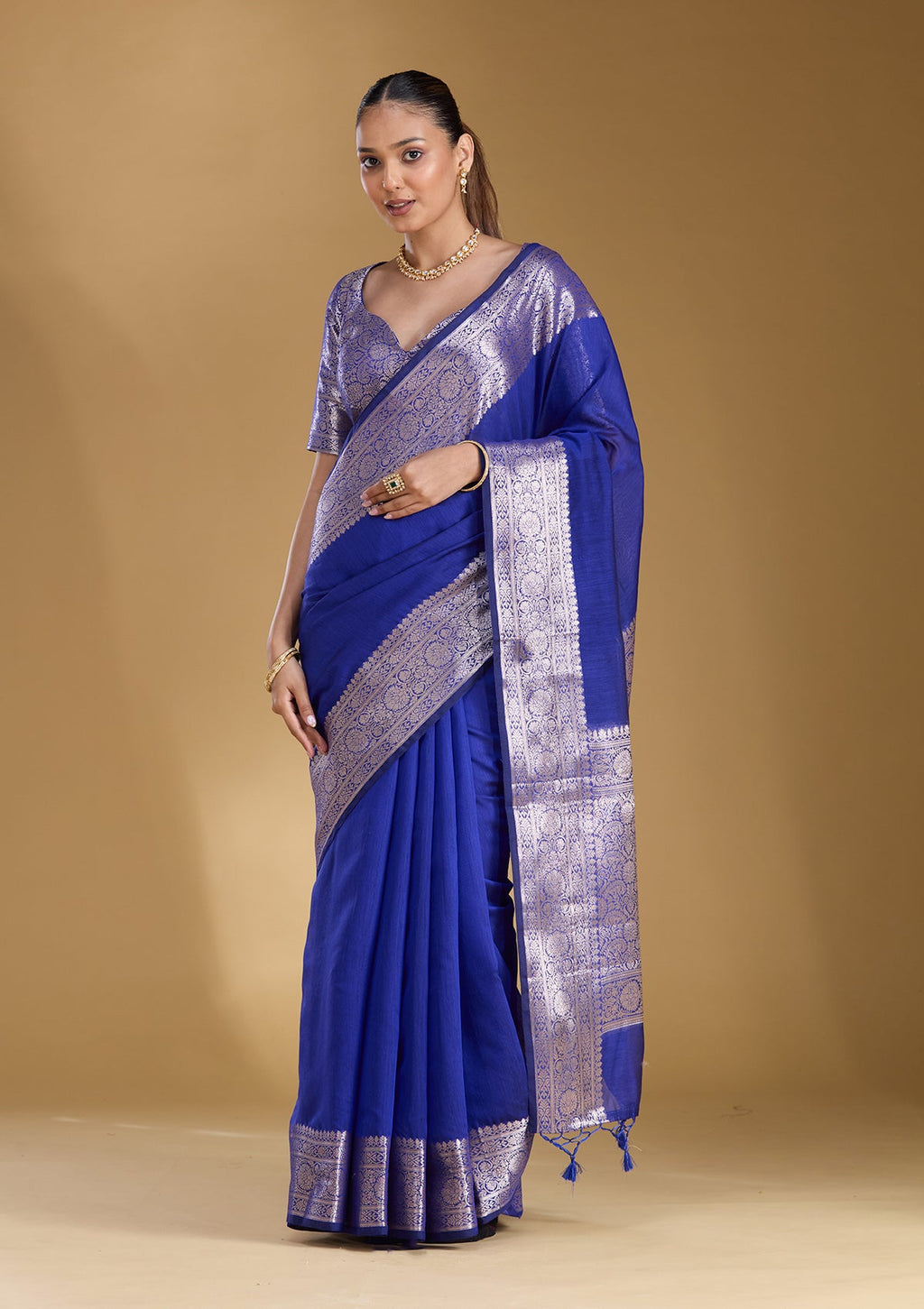 Royal Blue Zariwork (Gold) Cotton Silk Saree