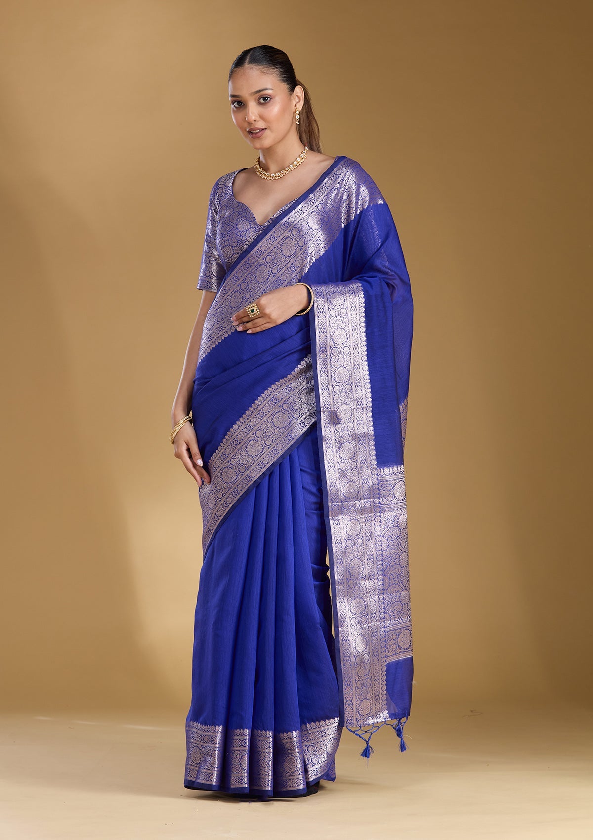 Royal Blue Zariwork (Gold) Cotton Silk Saree