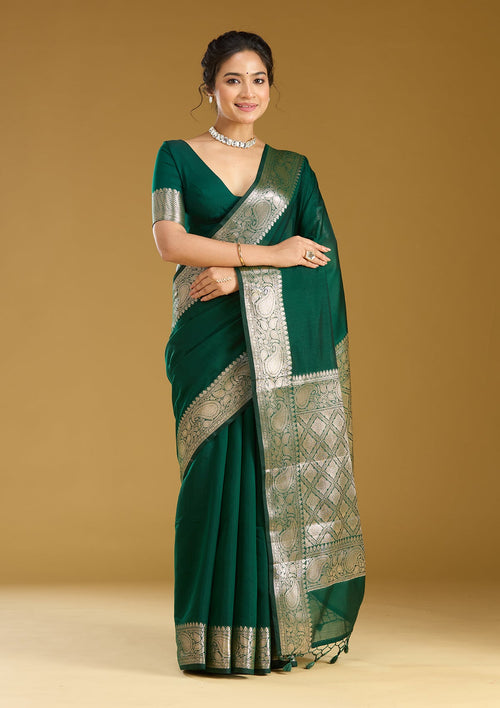 Bottle Green Zariwork (Gold) Cotton Silk Saree